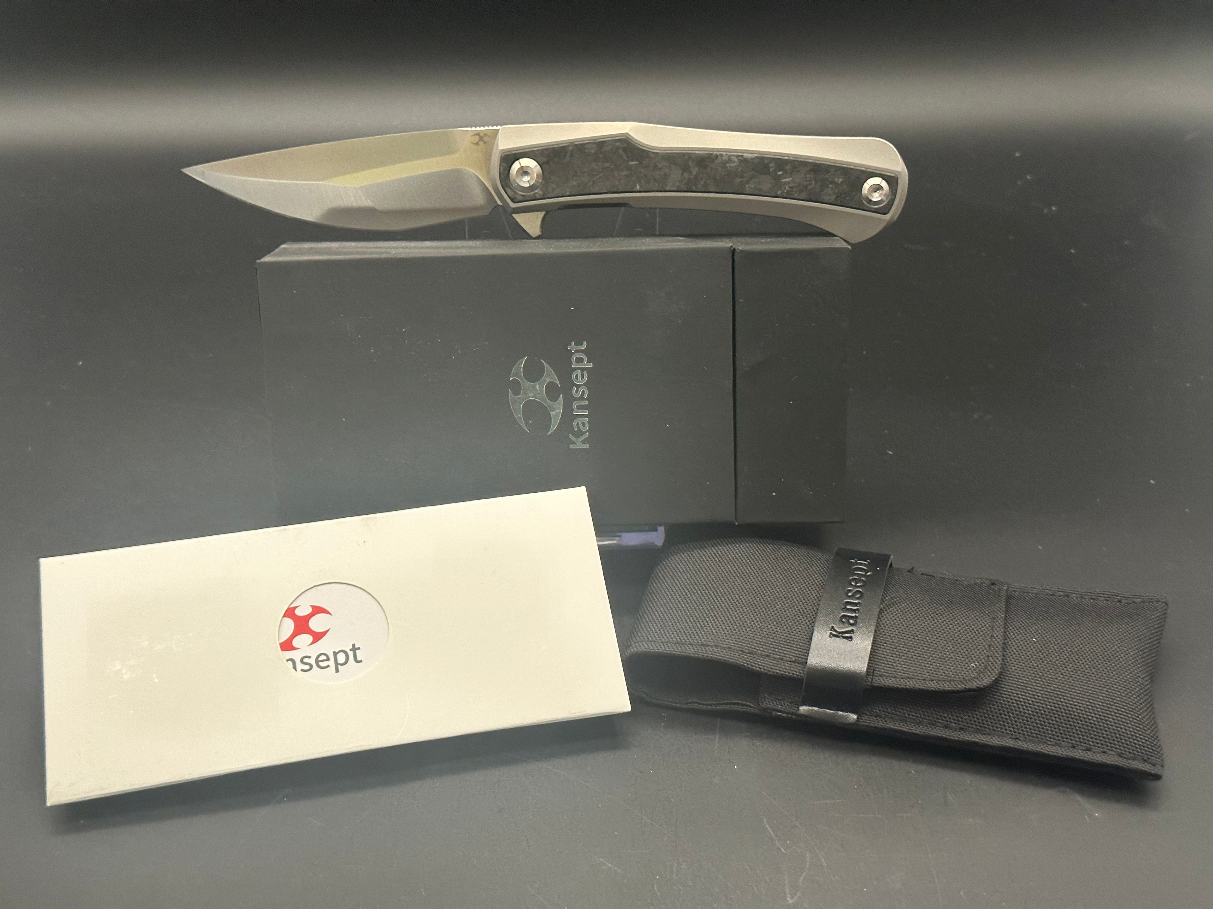 Kansept Ostap Hel Kratos Folding Knife - Silver Titanium Handle & Carbon Fiber Blade - EDC, Outdoor, Camping, Survival Gear