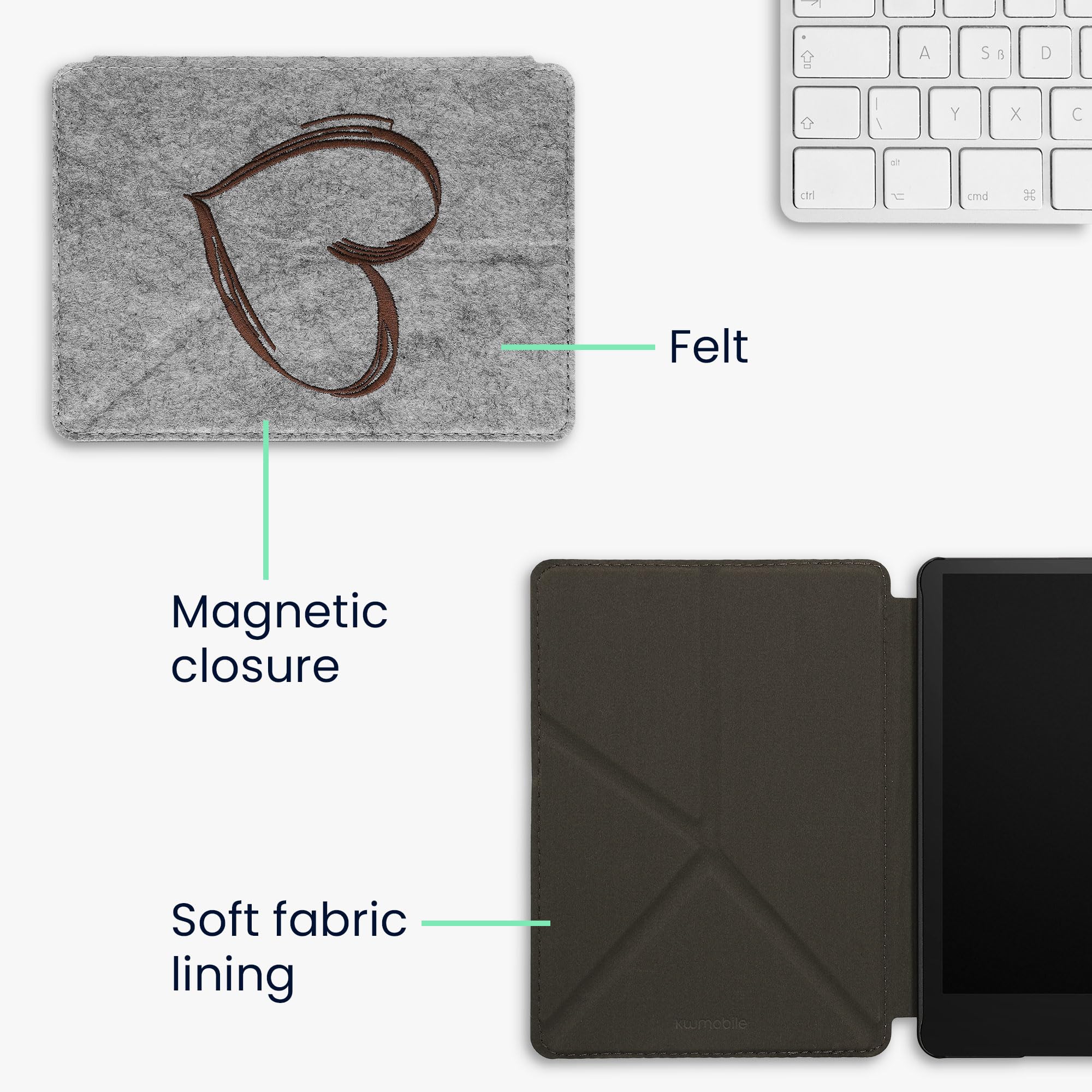 Premium Felt Origami Case for Amazon Kindle Paperwhite 11th Gen (2021) - Protective Stand Cover in Dark Brown with Brushed Heart Design - Perfect for Reading, Travel & Home Use