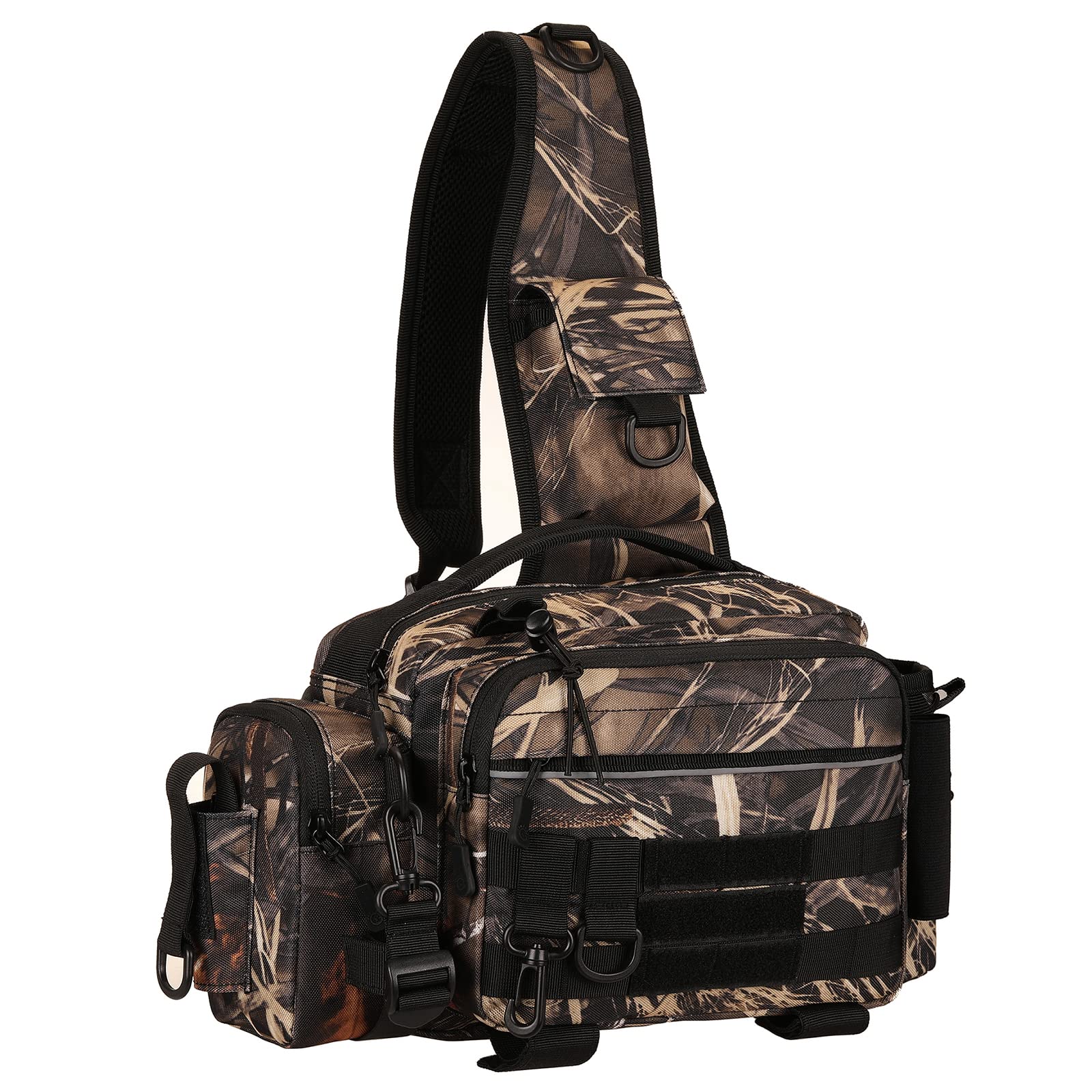 Waterproof Fishing Backpack Tackle Bag - Lightweight Sling Shoulder Pack for Outdoor Fishing Gear Storage - Ideal for Bass, Fly, and Saltwater Fishing (Reed Camo)