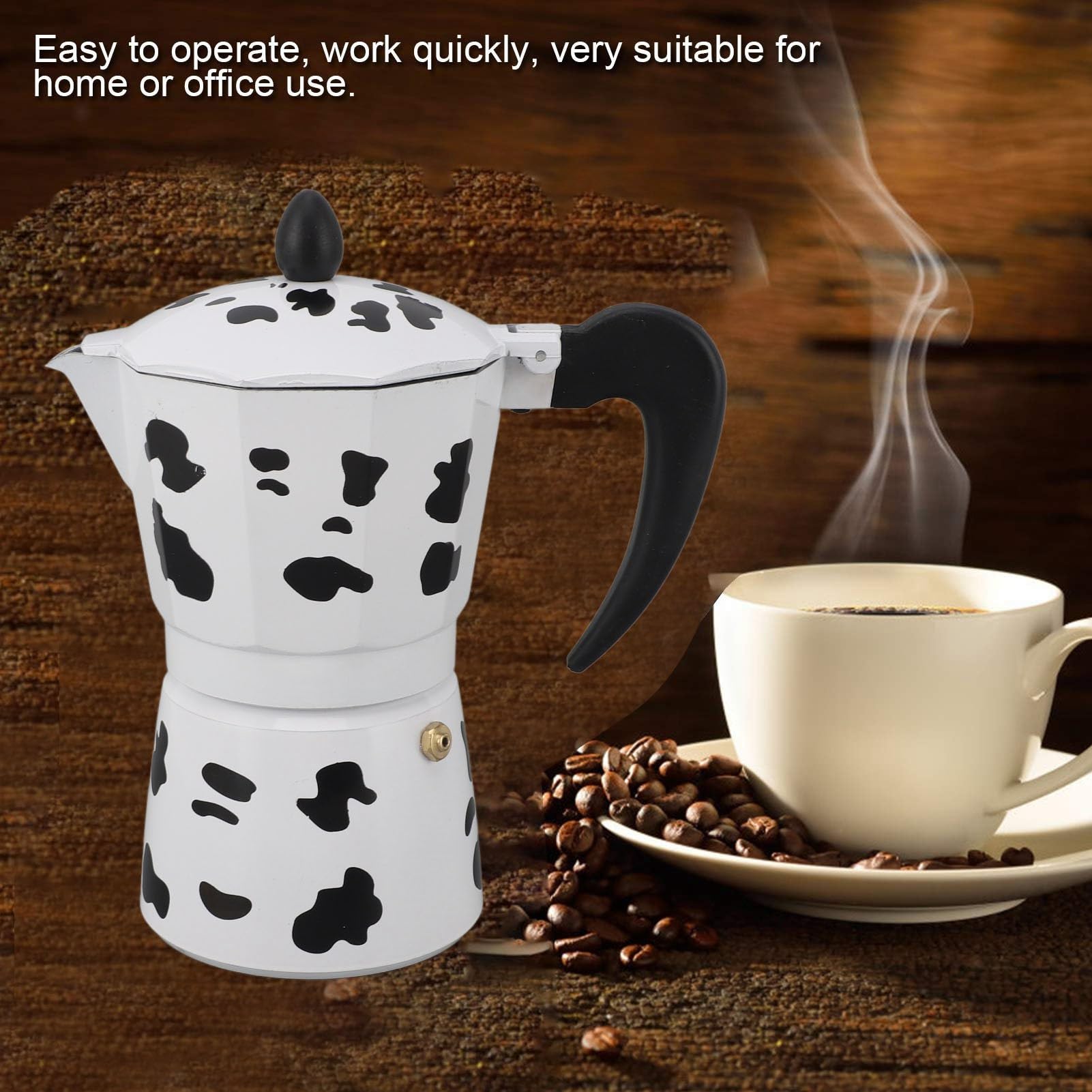 Fockety Stovetop Espresso Maker - 6 Cup Aluminum Moka Pot with Cow Print Design, Portable Italian Coffee Maker for Home, Cafe, Camping & Travel - Perfect for Outdoor Adventures and Italian-Style Coffee Brewing