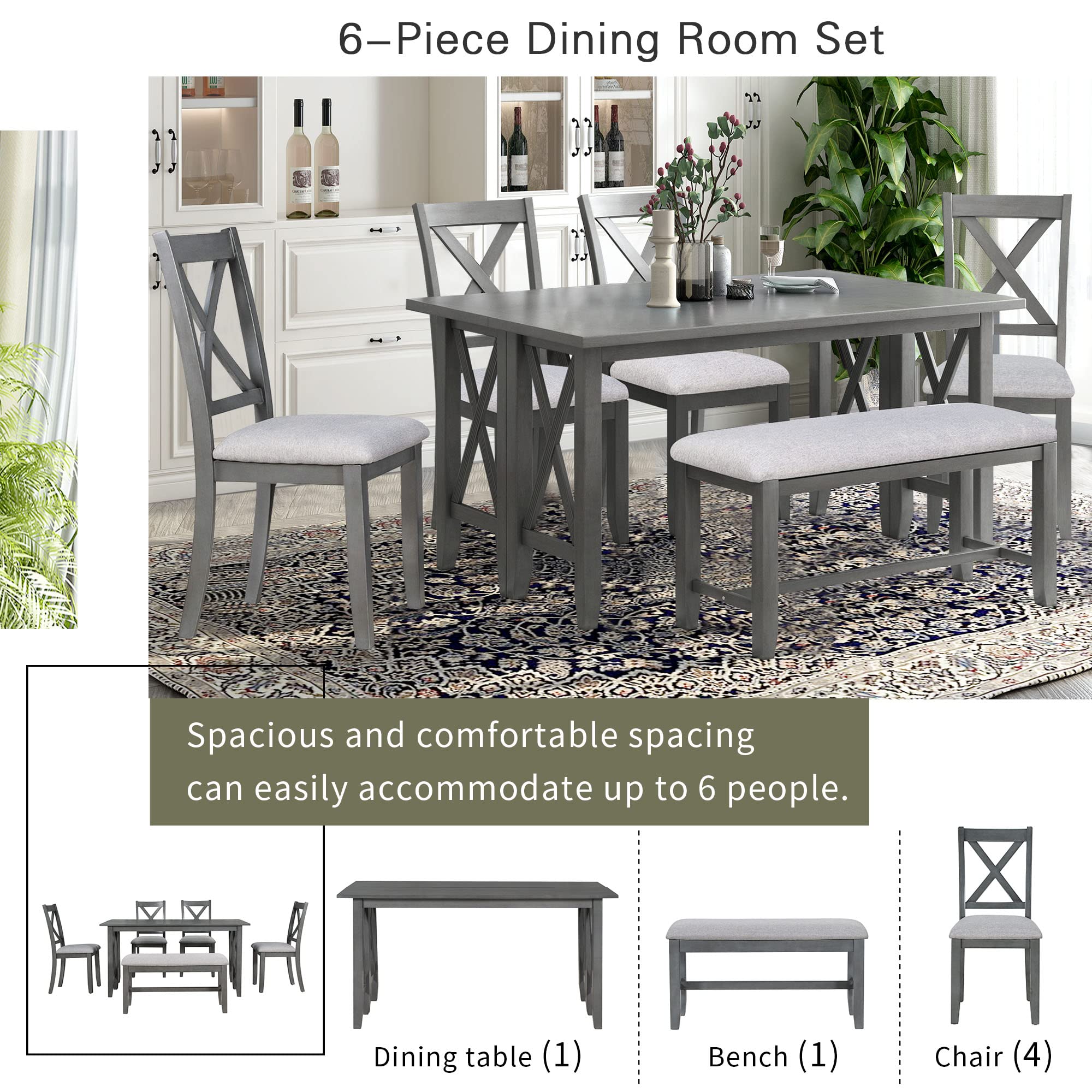 P PURLOVE 6-Piece Foldable Dining Table Set with 4 Chairs & Bench, Solid Wood Farmhouse Kitchen Table in Gray – Perfect for Small Spaces, Family Gatherings & Outdoor Dining