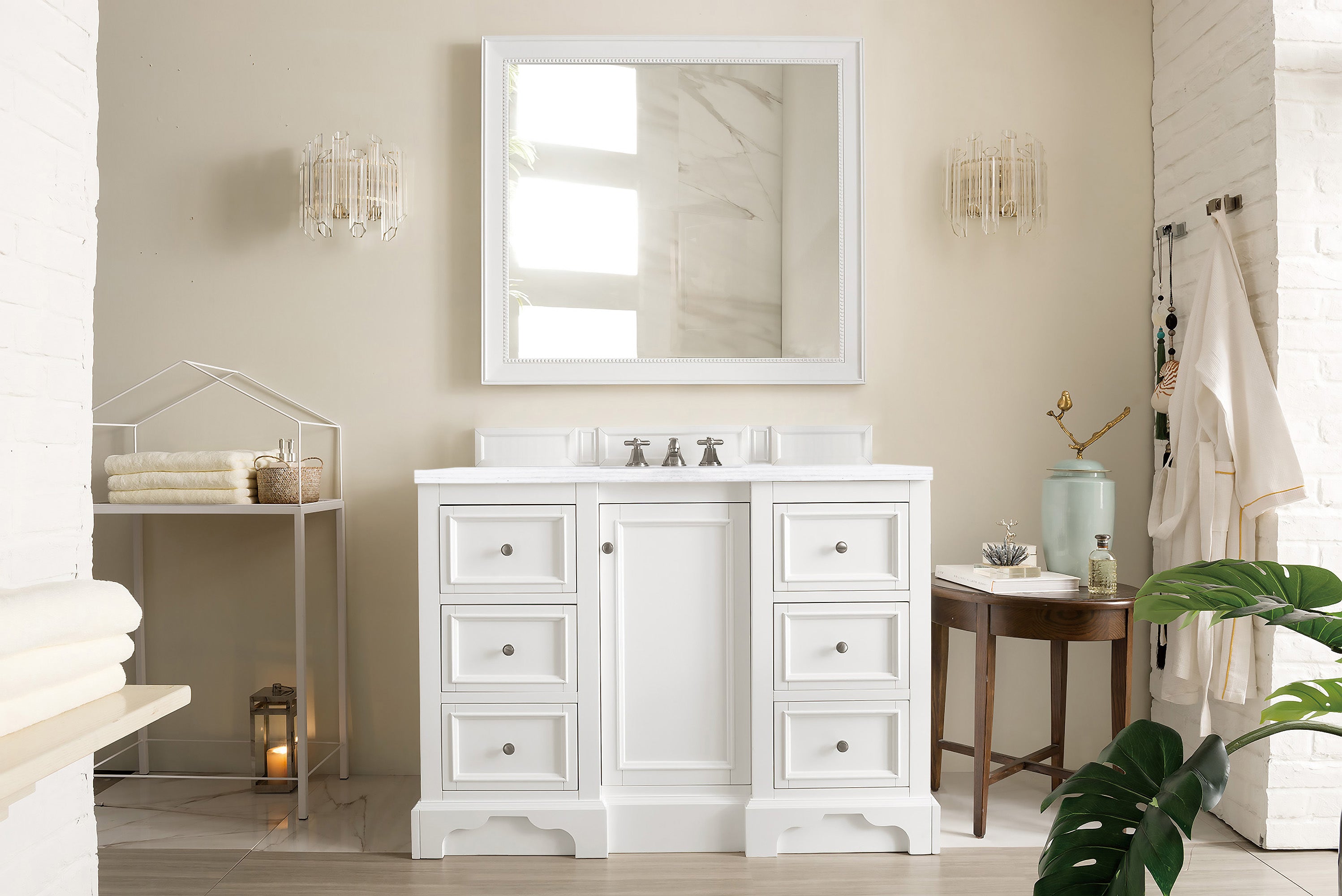 De Soto 48 Inch Single Bathroom Vanity in Bright White with 3CM Arctic Fall Solid Surface Top - Perfect for Modern Bathroom Renovations and Home Upgrades