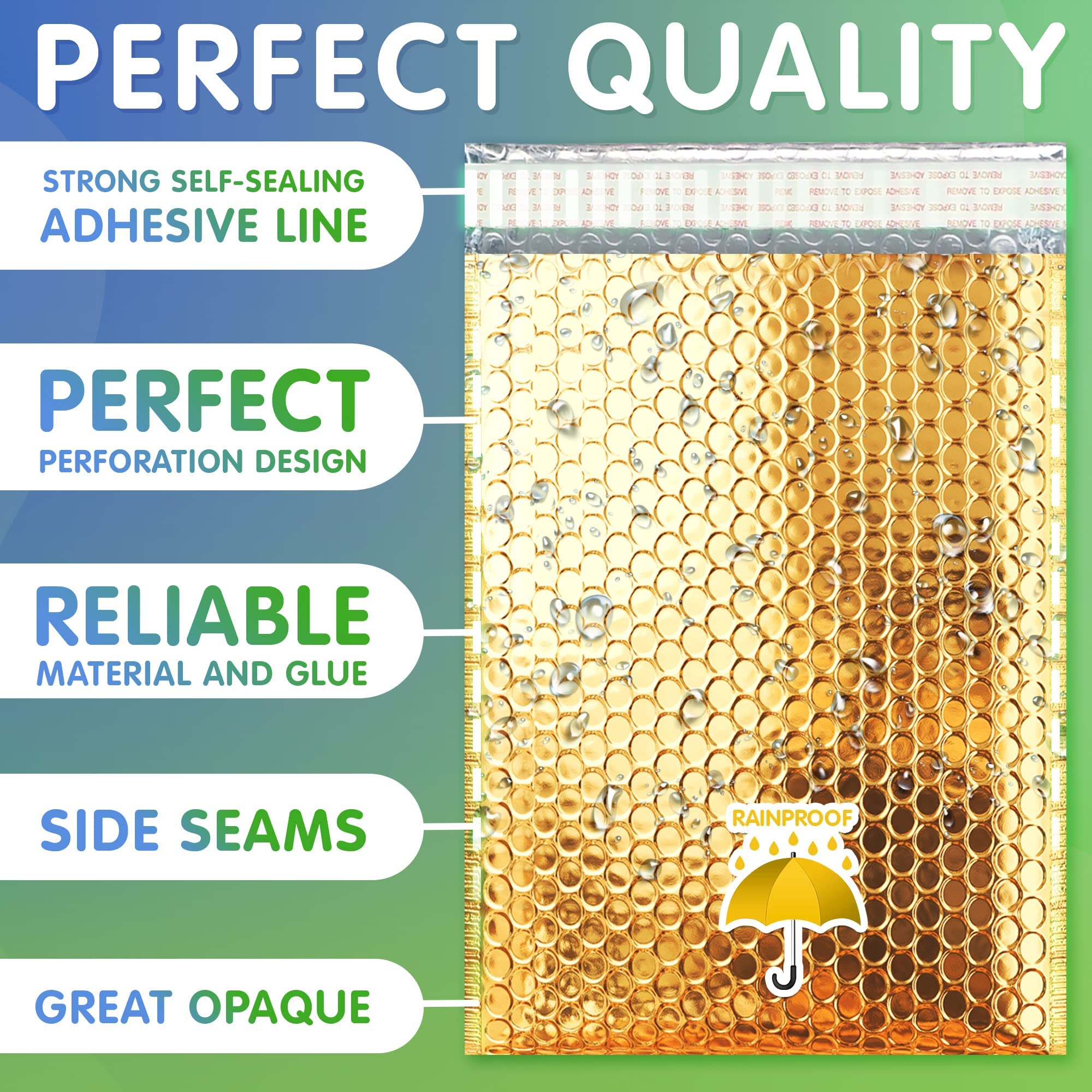 AMZ 100-Pack Metallic Gold Bubble Mailers 9.5x13.5 Inch - Self Seal Padded Shipping Envelopes, Waterproof Metalized Foil Mailing Bags for Ecommerce, Jewelry, Small Business Packaging & Gift Wrapping