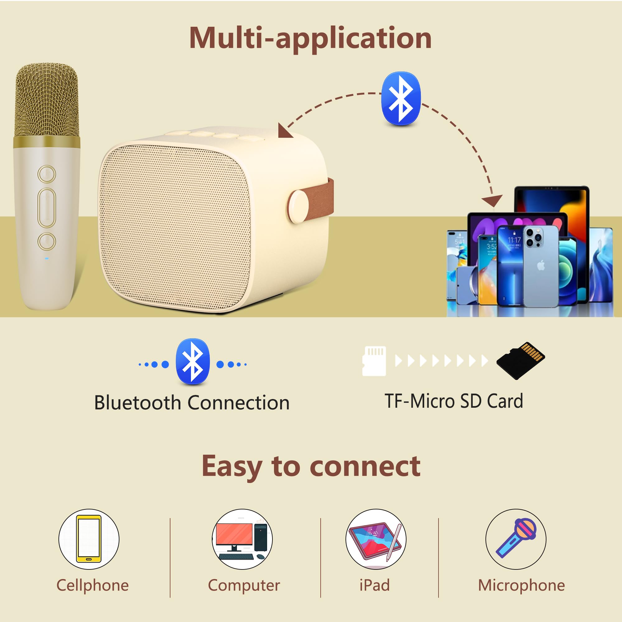 BONAOK Wireless Kids Karaoke Microphone with Speaker - Rechargeable Mini Karaoke Machine for Girls & Boys, Fun Singing Toy for Parties & Playtime (Beige)