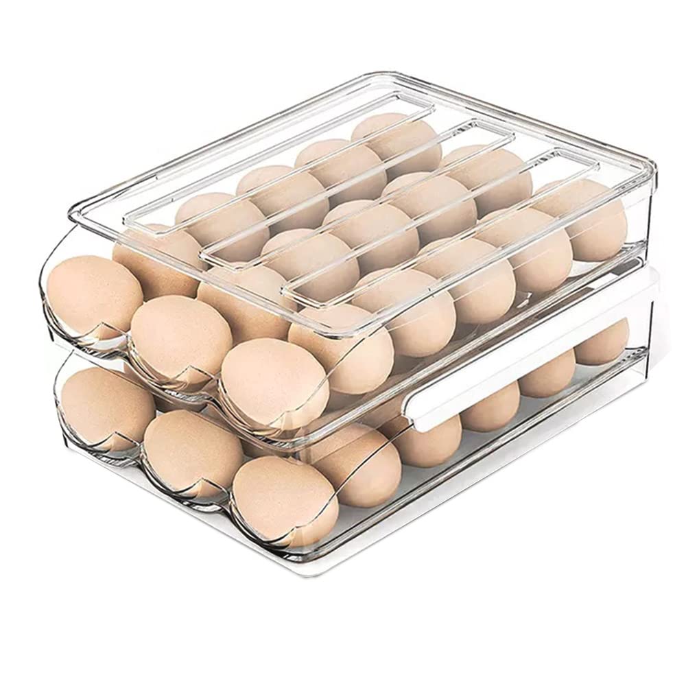 Refrigerator Egg Holder - Automatic Rolling Egg Storage Box, Transparent Drawer Egg Tray for Kitchen - Space Saving 2-Layer Organizer | Perfect for Fridge Organization & Fresh Egg Storage