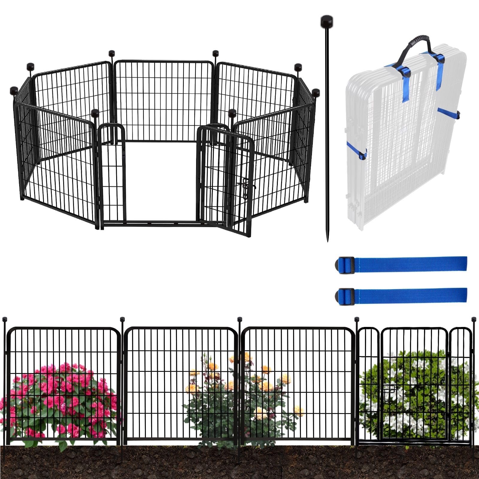 ADAVIN 36 Inch Tall Garden Fence with Low Threshold Door - 8 Panels (17.7 Ft Length) for Dog Playpen, Yard Barrier & Outdoor/Indoor Use - Durable Anti-Dig Pet Fence for Backyard, Lawn & Garden Protection