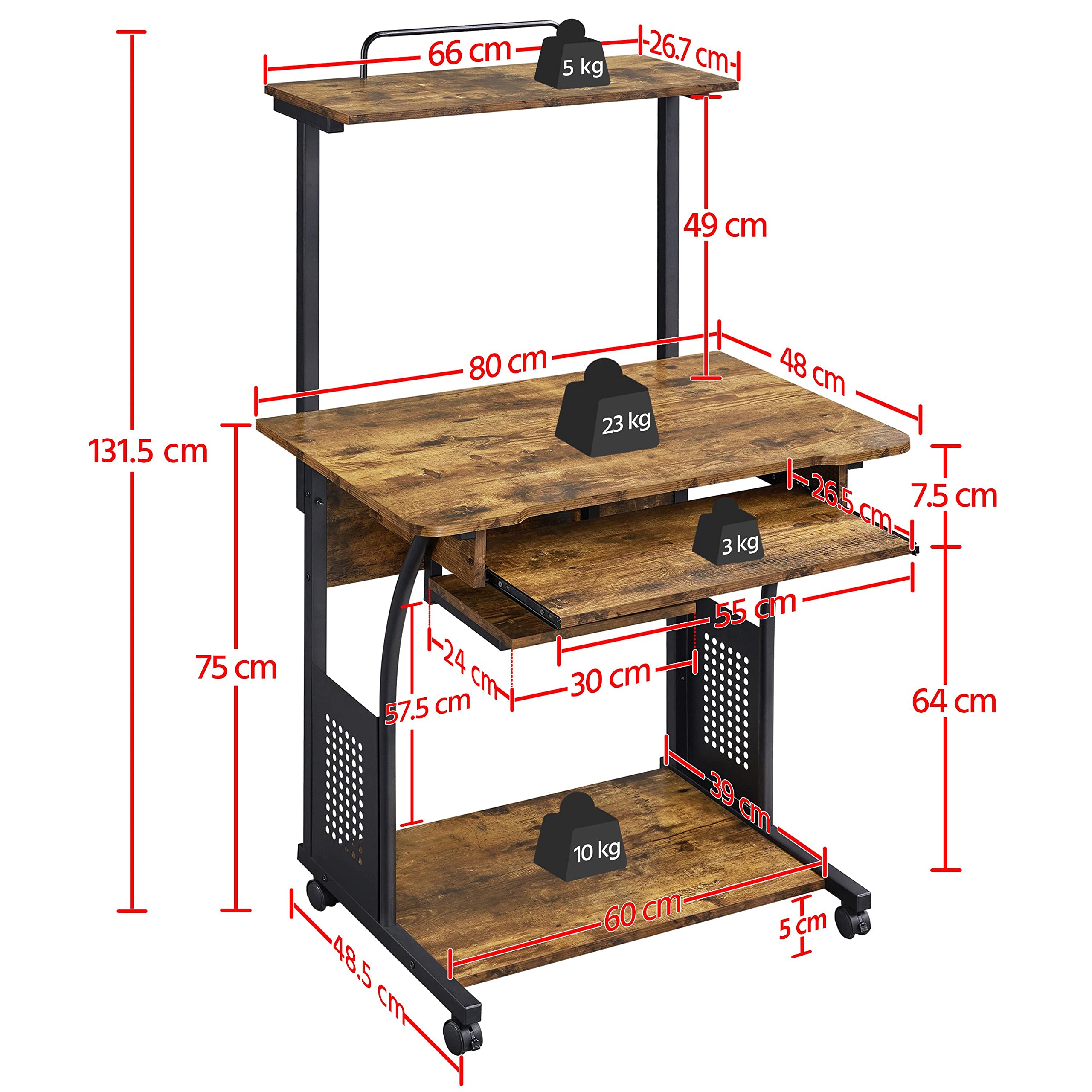 Yaheetech 3-Tier Computer Desk with Printer Shelf & Keyboard Tray - Sturdy Home Office Desk, Rolling Workstation for Small Spaces, Rustic Brown - Perfect for Remote Work, Gaming & Study Setup