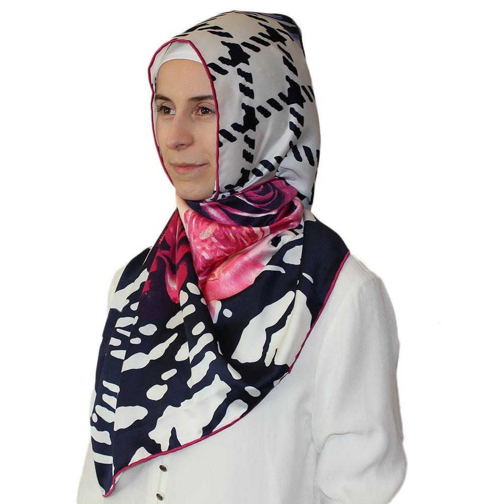 Aker Satin Square Hijab Scarf - Soft & Breathable Muslim Headscarf in Blue & Pink (6648-991) - Perfect for Daily Wear, Prayer & Special Occasions