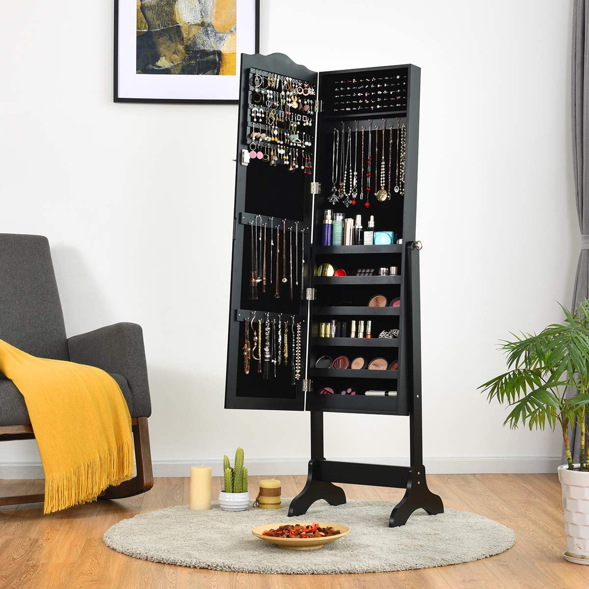AUGESTER Lockable Full Length Mirror Jewelry Armoire Organizer - Large Adjustable Storage Cabinet with 4 Angel Design & Top Arc, 2-in-1 Jewelry Box (Black) | Perfect for Bedroom, Closet & Dressing Room Organization