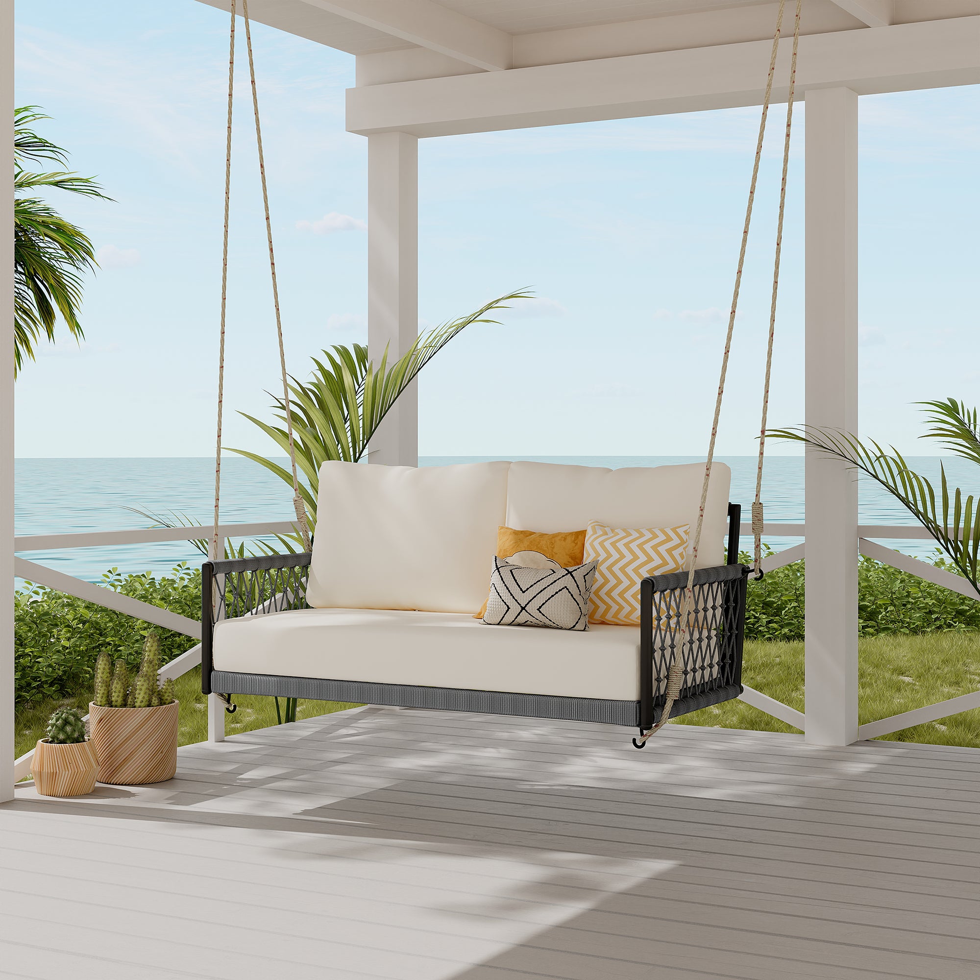 1 Piece Woven Rope Outdoor Swing Sofa with Soft Cushions - Seats 2 People - Perfect for Patio, Courtyard, Balcony & Garden Relaxation (Beige) - Ideal for Lounging, Reading & Outdoor Entertaining