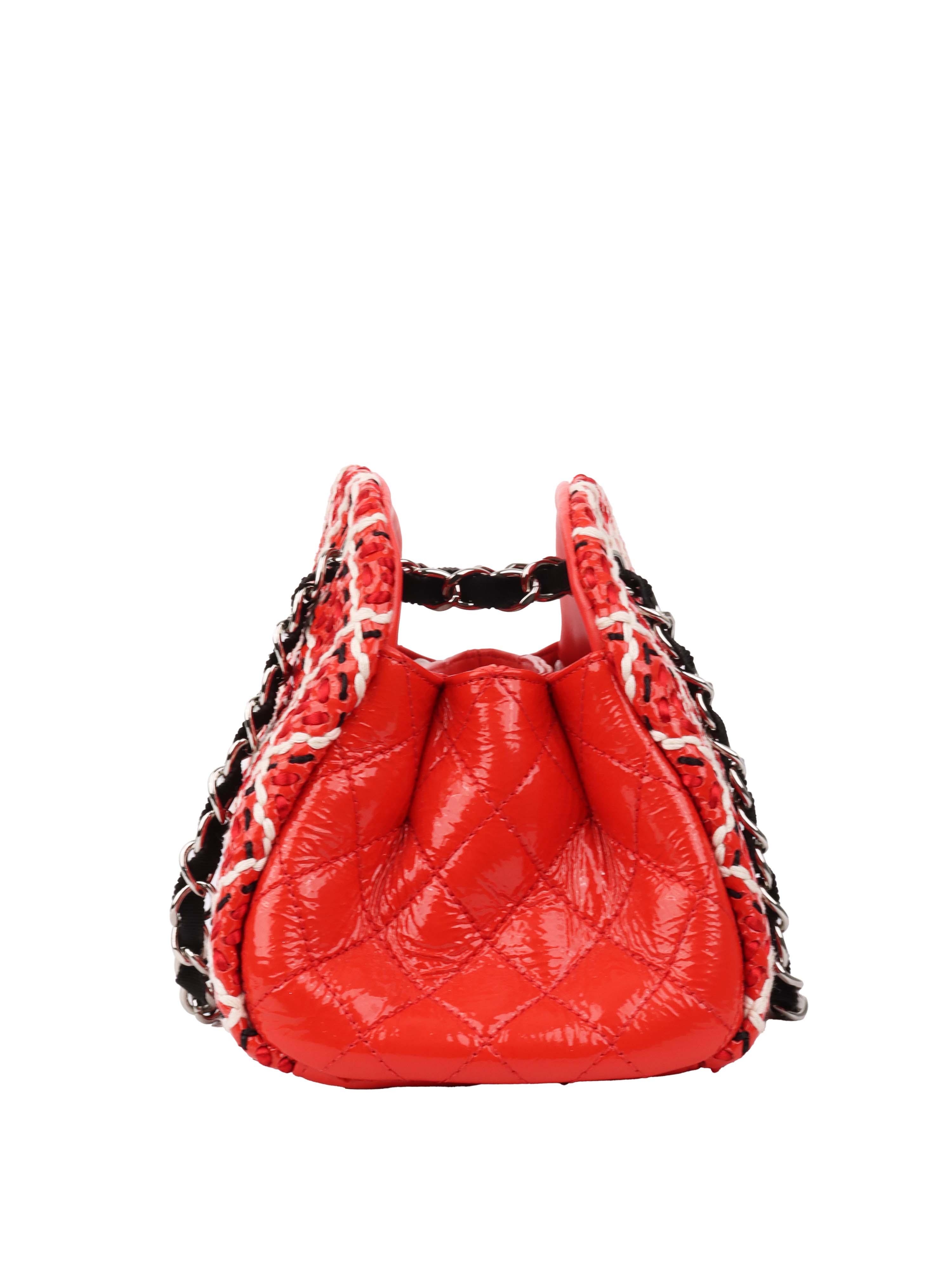 Chanel Limited Edition Red Patent Leather & Tweed Double Chain Shoulder Tote Bag - Luxury Designer Handbag for Women, Perfect for Work, Parties & Special Occasions