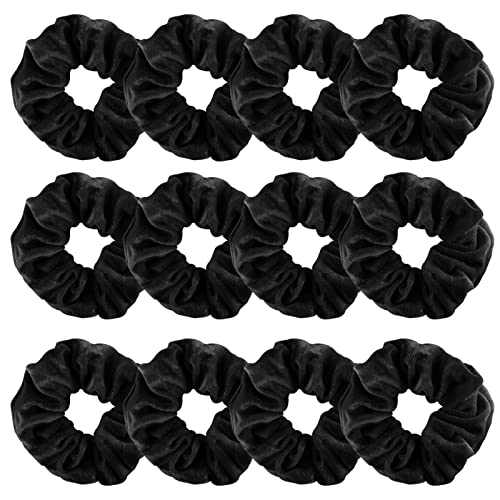 12 Pack Black Velvet Hair Scrunchies - Soft Elastic Hair Ties for Women & Girls, No-Slip Hair Bands for Ponytails, Buns & Everyday Styling | Hair Accessories Gift Set