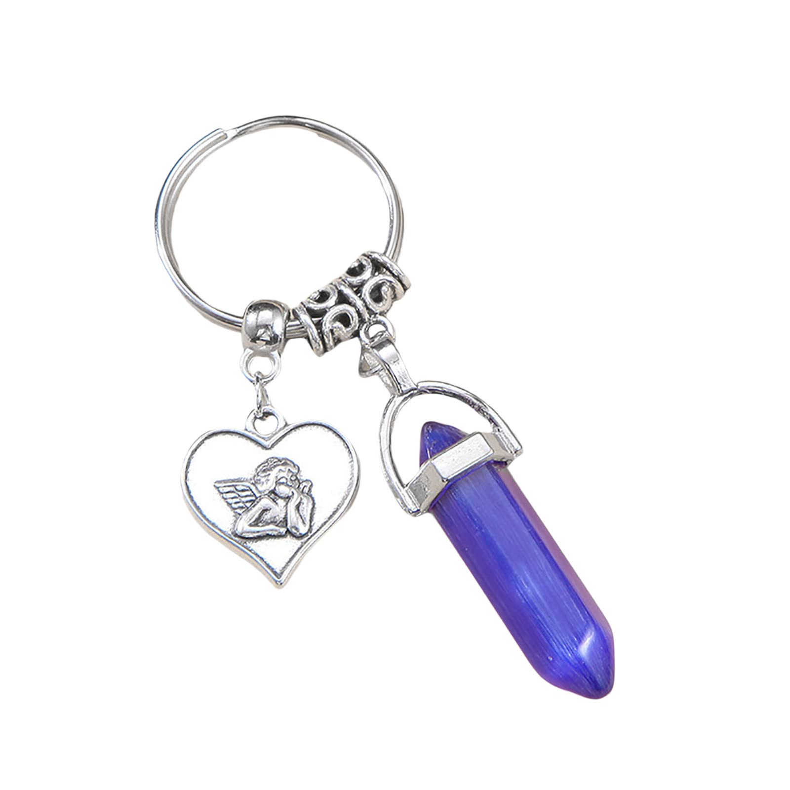 Angel Keychain Geometric Crystal Pendant - Hexagonal Stone Column Rough Keychain JE-35 for Gift, Car Keys, or Bag Accessory