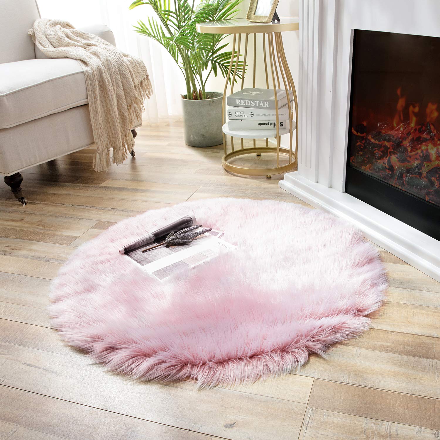 Premium Fluffy Faux Fur Rug - Ultra Soft 3x3 Feet Round Shaggy Area Rug with Non-Slip Frosted Bottom | Machine Washable Pink Fuzzy Carpet for Nursery, Bedroom, Kids Room & Living Room Decor | Cozy Floor Mat for Winter Warmth, Playroom Comfort & Home Aesthetic Enhancement