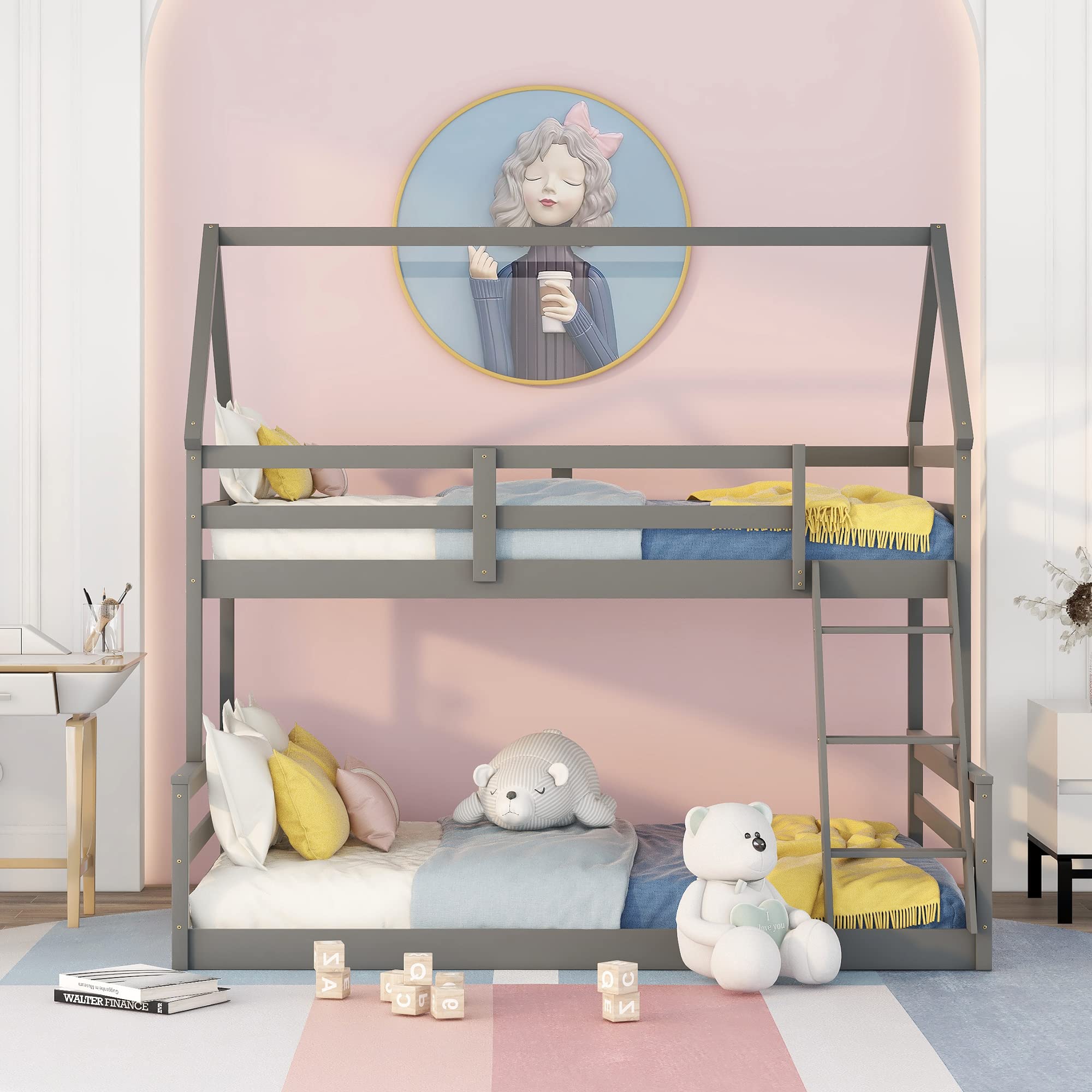 Bellemave Wooden Bunk Beds for Kids & Teens - Twin Over Full Size with Roof - Space-Saving Grey Kids Bunk Bed for Small Rooms, Shared Bedrooms & Sleepovers