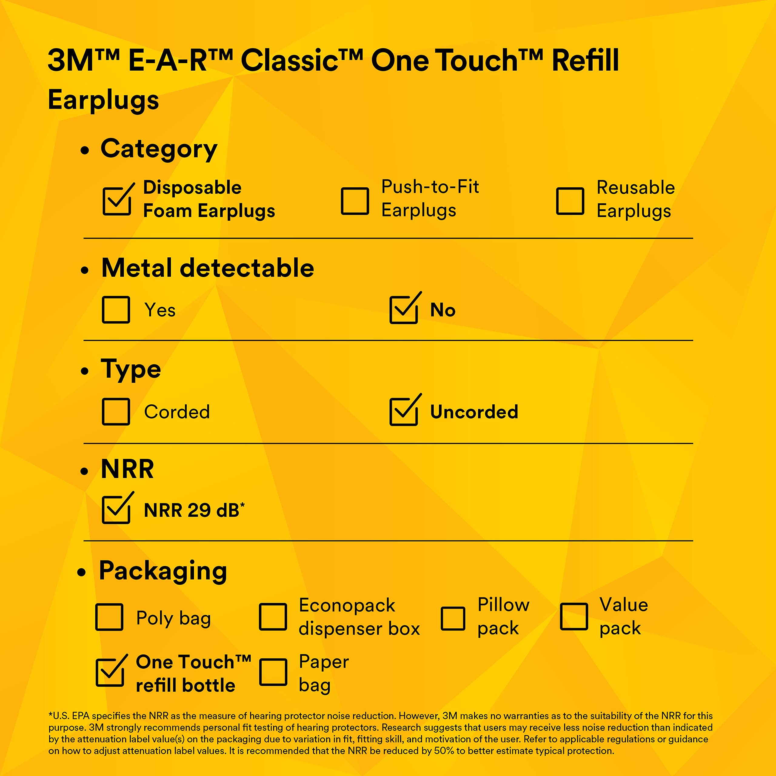 3M E-A-R Classic One Touch Refill 391-1001 Disposable Earplugs - 500 Pairs, Uncorded, 29dB NRR, Foam Ear Protection for Noise Reduction, Regular Size, Roll Down, ANSI/ASA S12.71-2018 Certified - Ideal for Construction, Concerts, Shooting Ranges & Sleeping