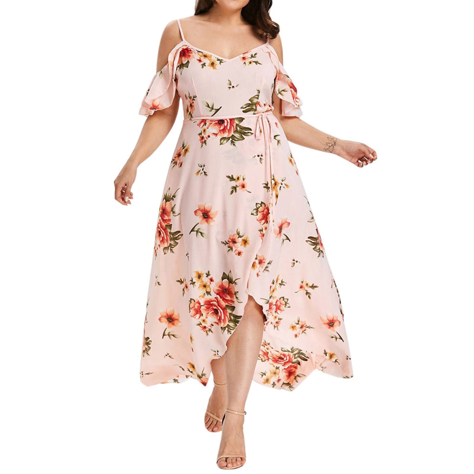 Plus Size Women's Casual Cold Shoulder Boho Floral Print Long Dress - Short Sleeve Fall Outfit for Wedding Guest & Special Occasions
