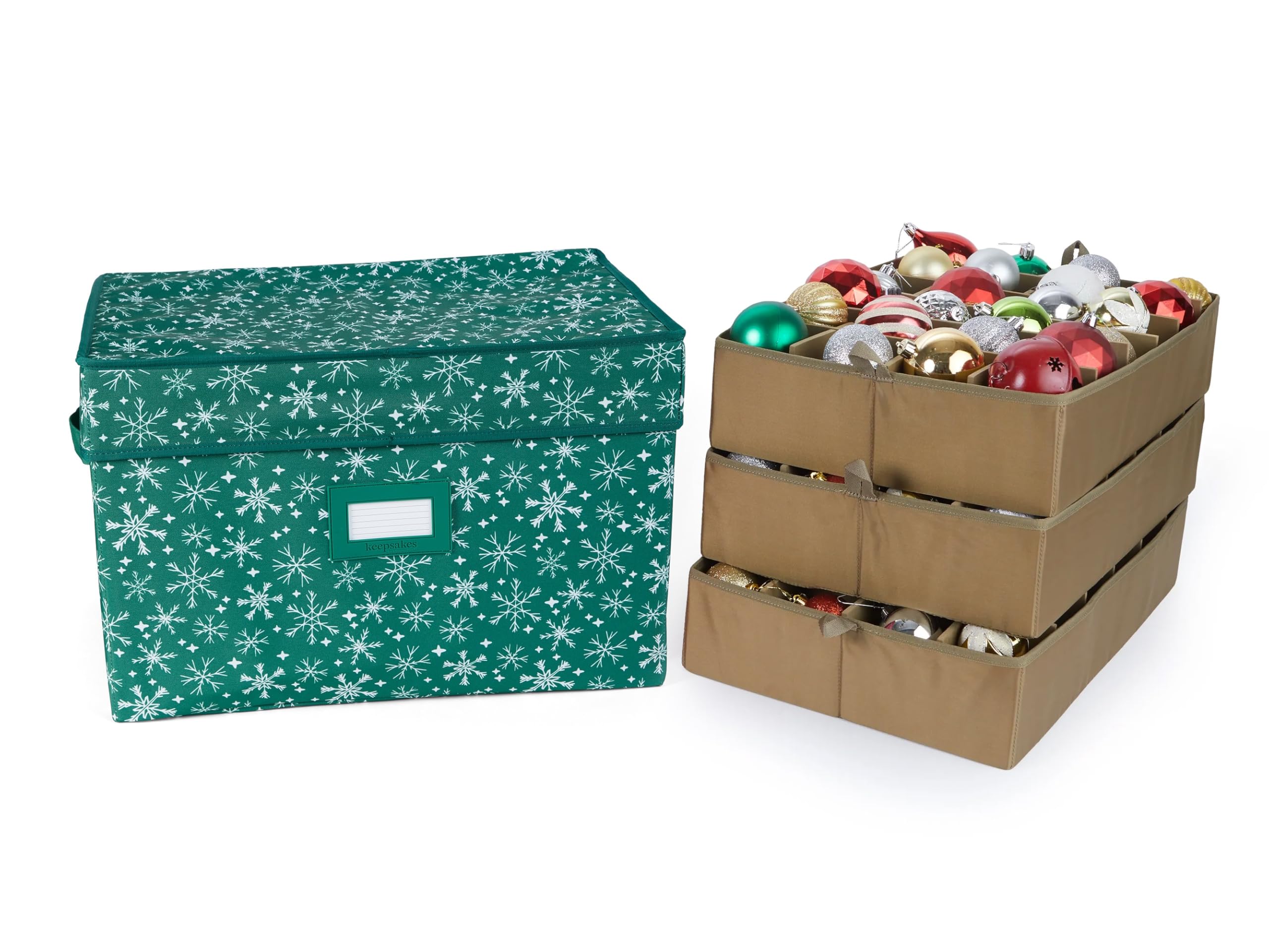 Covermates Adjustable Ornament Storage Box with Carrying Handles & Padded Protection - Holiday Decoration Organizer for Christmas Tree Decorations (Green Snowflake Design) - Perfect for Seasonal Storage & Home Organization