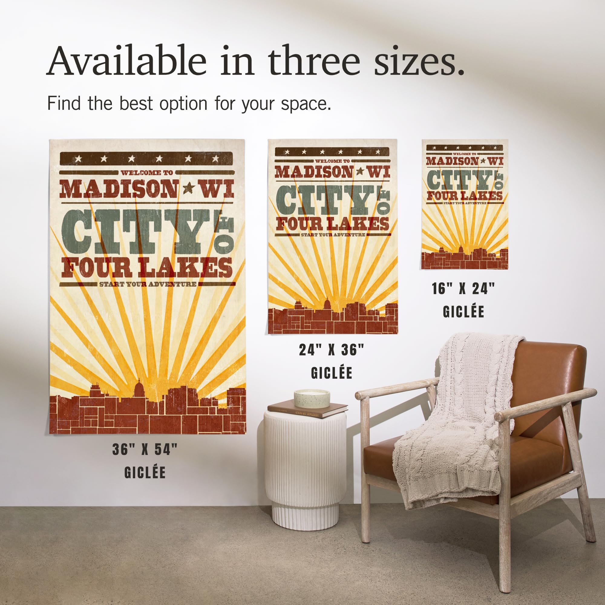 Lantern Press 16x24 Inch Giclee Print - Madison Wisconsin Skyline & Sunburst Art - Screenprint Style Wall Decor for Living Room, Bedroom or Office