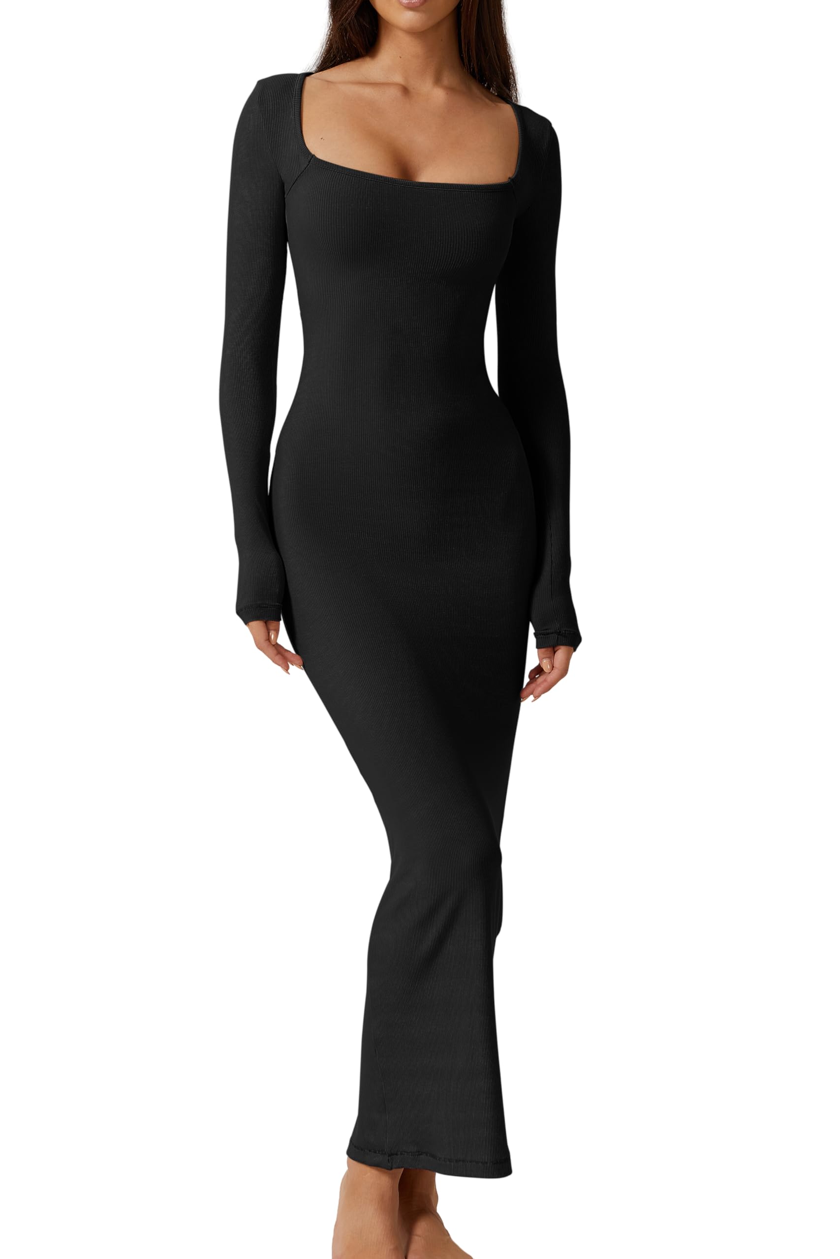 QINSEN Women's Long Maxi Dress - Square Neck, Long Sleeve, Ribbed Bodycon Lounge Dress for Casual Wear, Date Night & Party Outfits | Plus Size Options Available