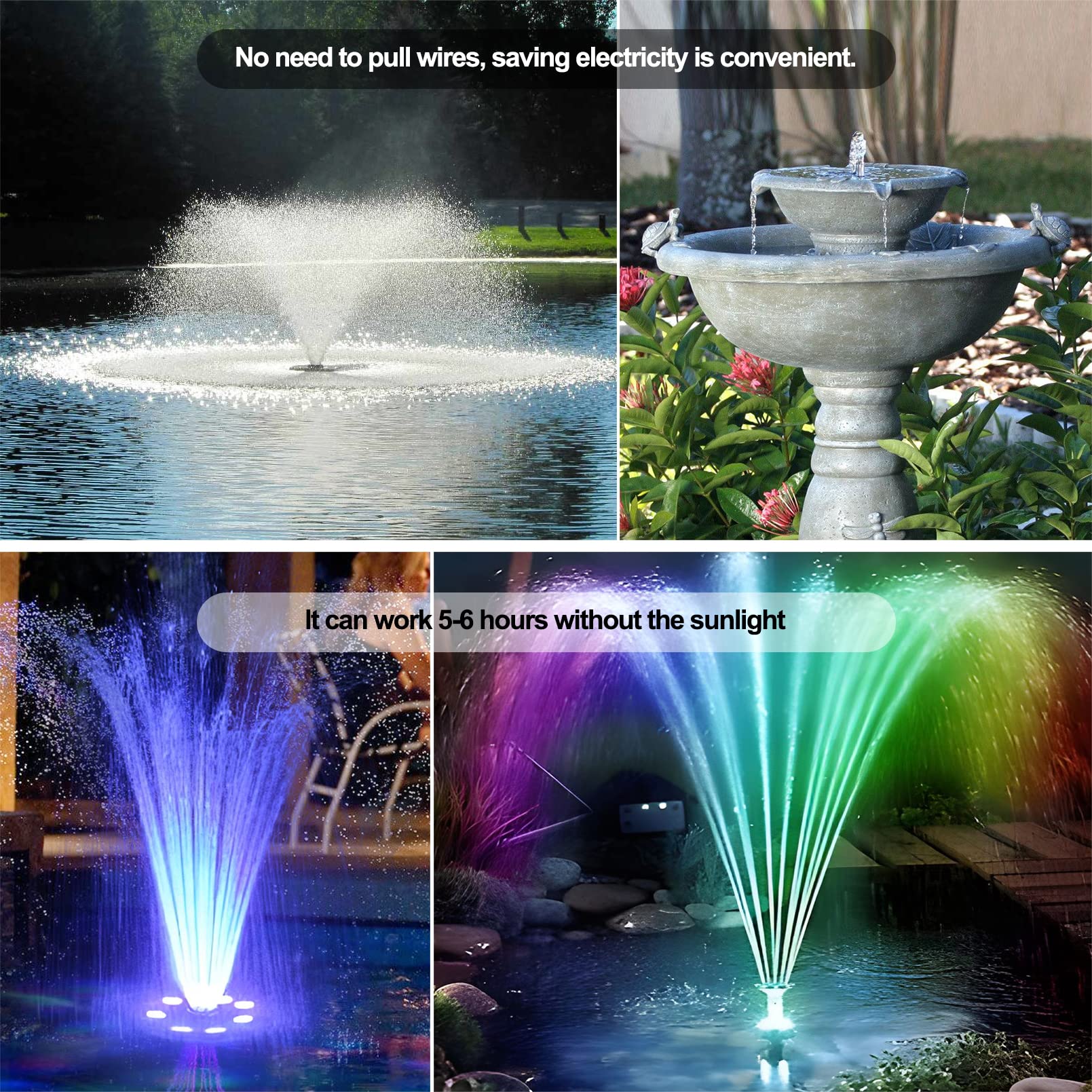7W Solar Fountain Pump with 3000mAh Built-in Battery, Dual Nozzle Floating Solar Water Pump for Garden, Pond, Birdbath - 10 Spray Patterns for Outdoor Decoration & Relaxation