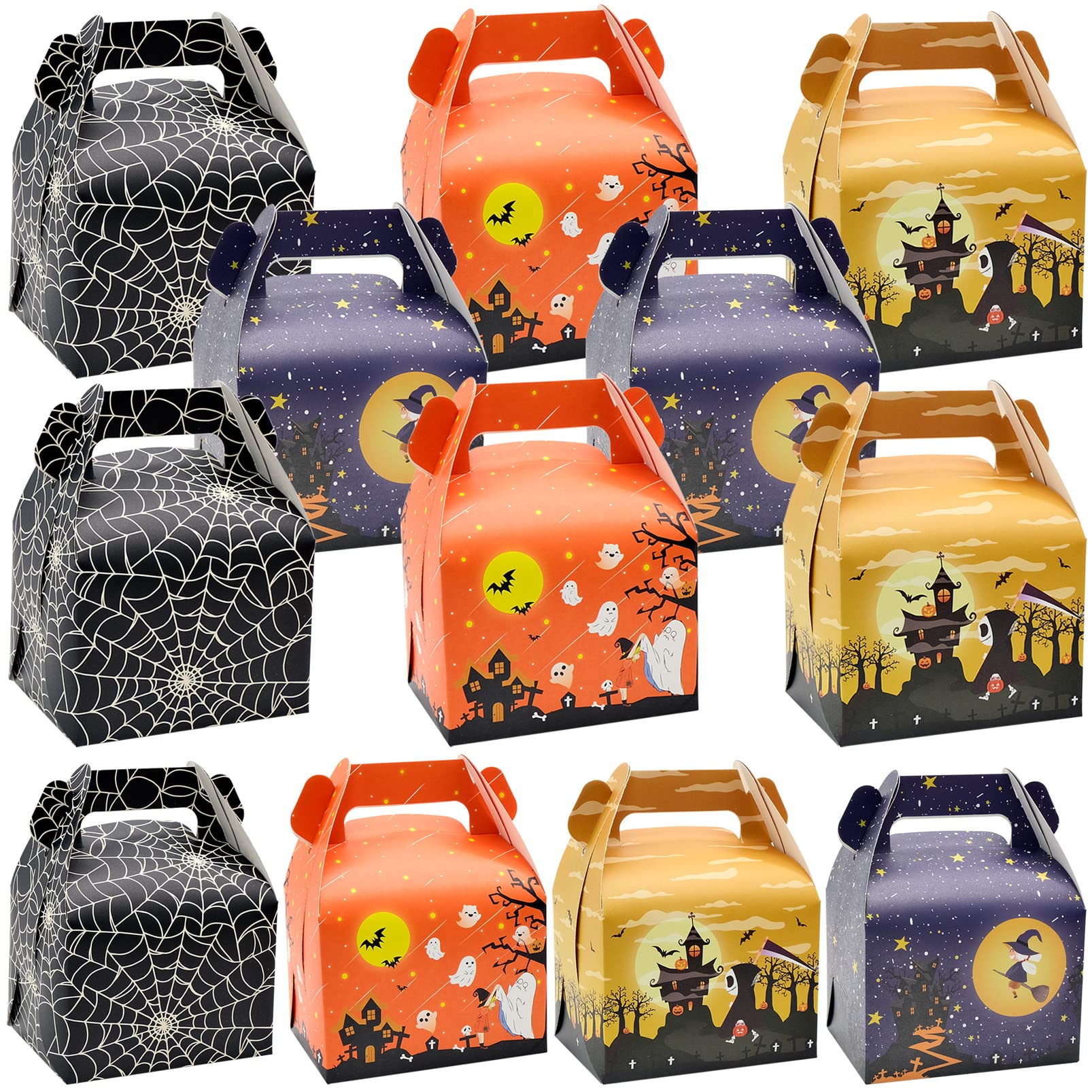 Halloween Candy Boxes 20 Pack - Trick or Treat Party Favor Boxes with Handles for Halloween Party Supplies (Spider Web, White Ghost, Witch, Skeleton 4 Styles) 11.5x8.5x15.5cm - Perfect for Classroom Treats, Neighborhood Trick-or-Treating & Halloween Party Favors