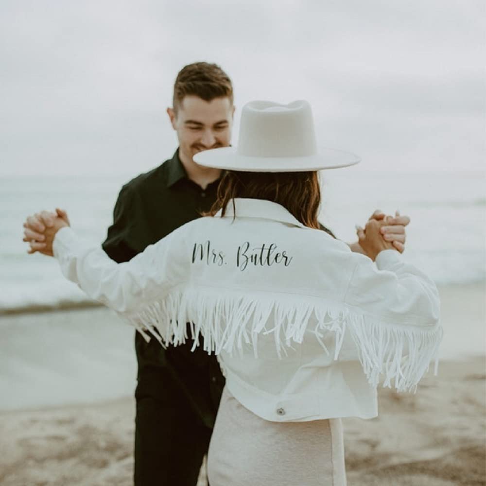 Personalized Cropped White Fringe Denim Jacket for Women - Custom Future Mrs Jean Jacket | Perfect for Bachelorette Parties, Country Concerts & Western Fashion