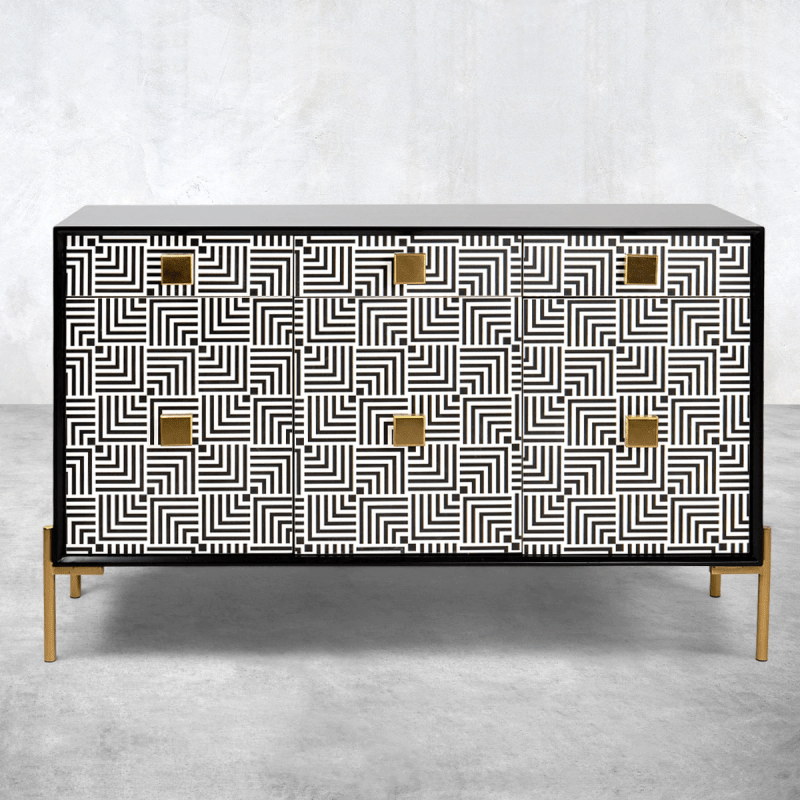 Handmade Bone Inlay Maze Pattern 3-Drawer 3-Door Credenza Sideboard - Black & White Vintage Cabinet for Living Room, Dining Room & Entryway Storage