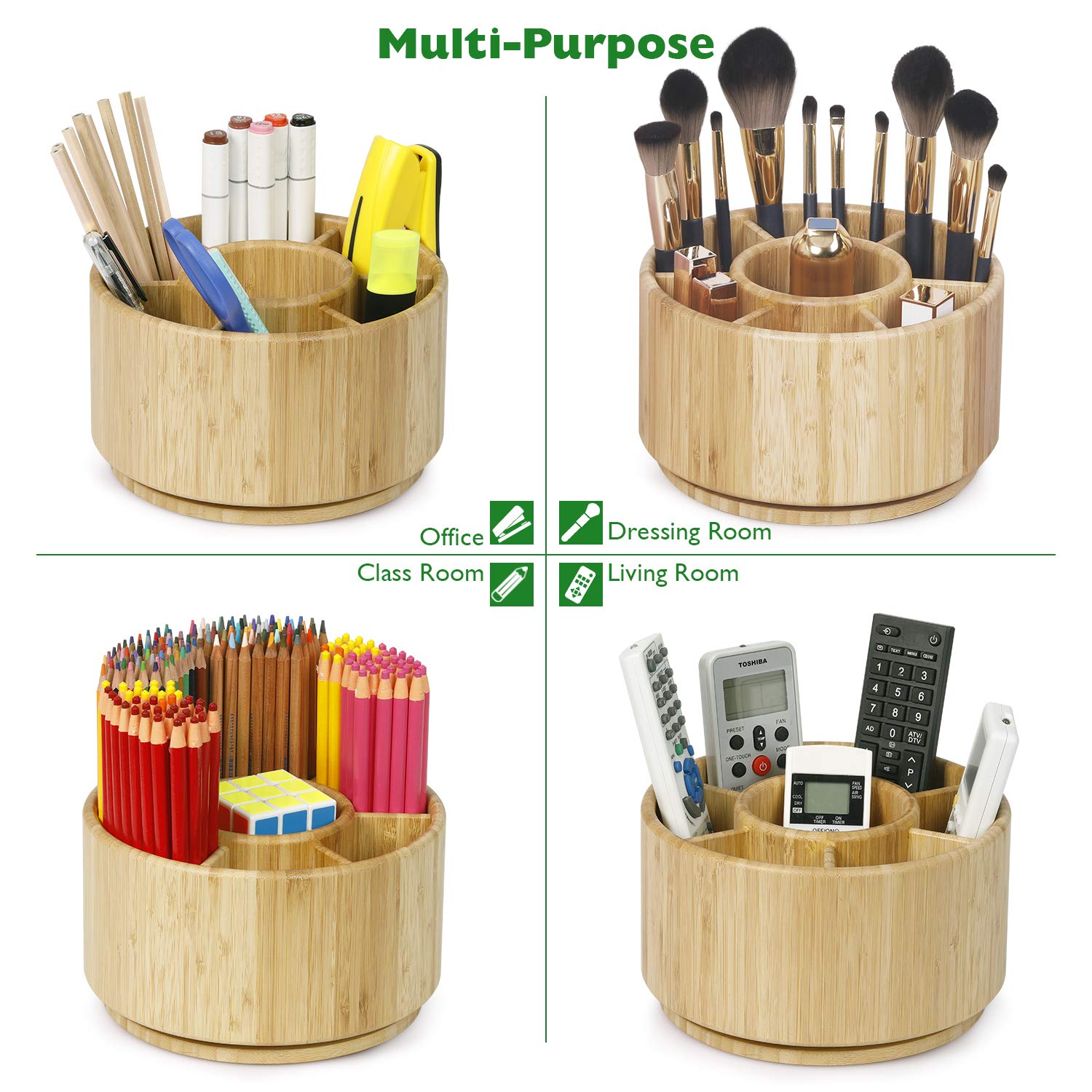 Bamboo Rotating Hexagon and Round Art Supply Organizer - 7 Compartment Desktop Storage Box for Pens, Colored Pencils, Art Brushes | Perfect for School, Office, Art Studio & Craft Room Organization