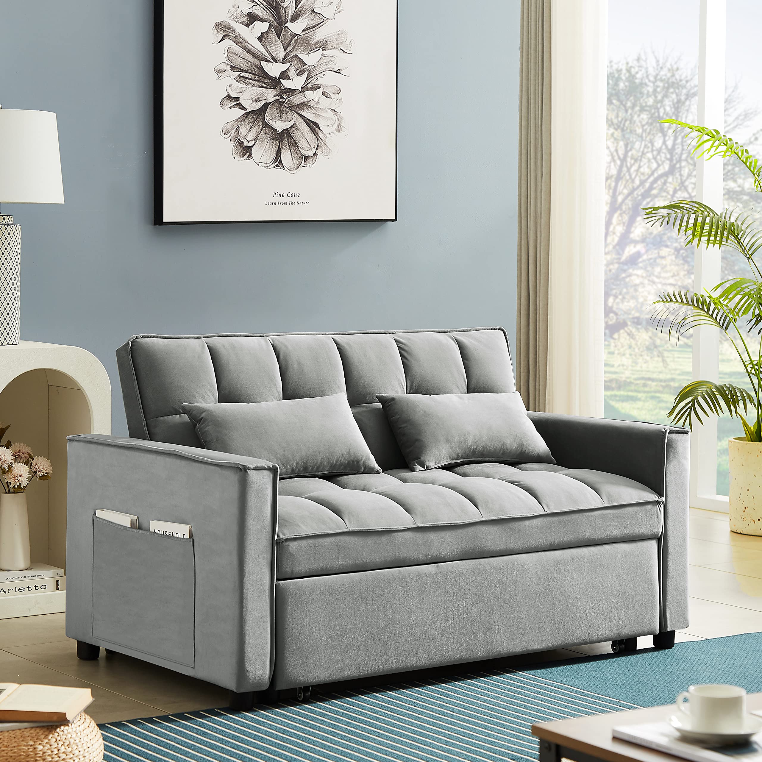 FANYE Modern Convertible Loveseat Sofa Bed - 2-Seater Sleeper Couch with Pull-Out Mechanism & Adjustable Backrest - Velvet Upholstery with Included Pillows & Side Pockets - Perfect for Small Spaces, Apartments, Guest Rooms, and Home Offices