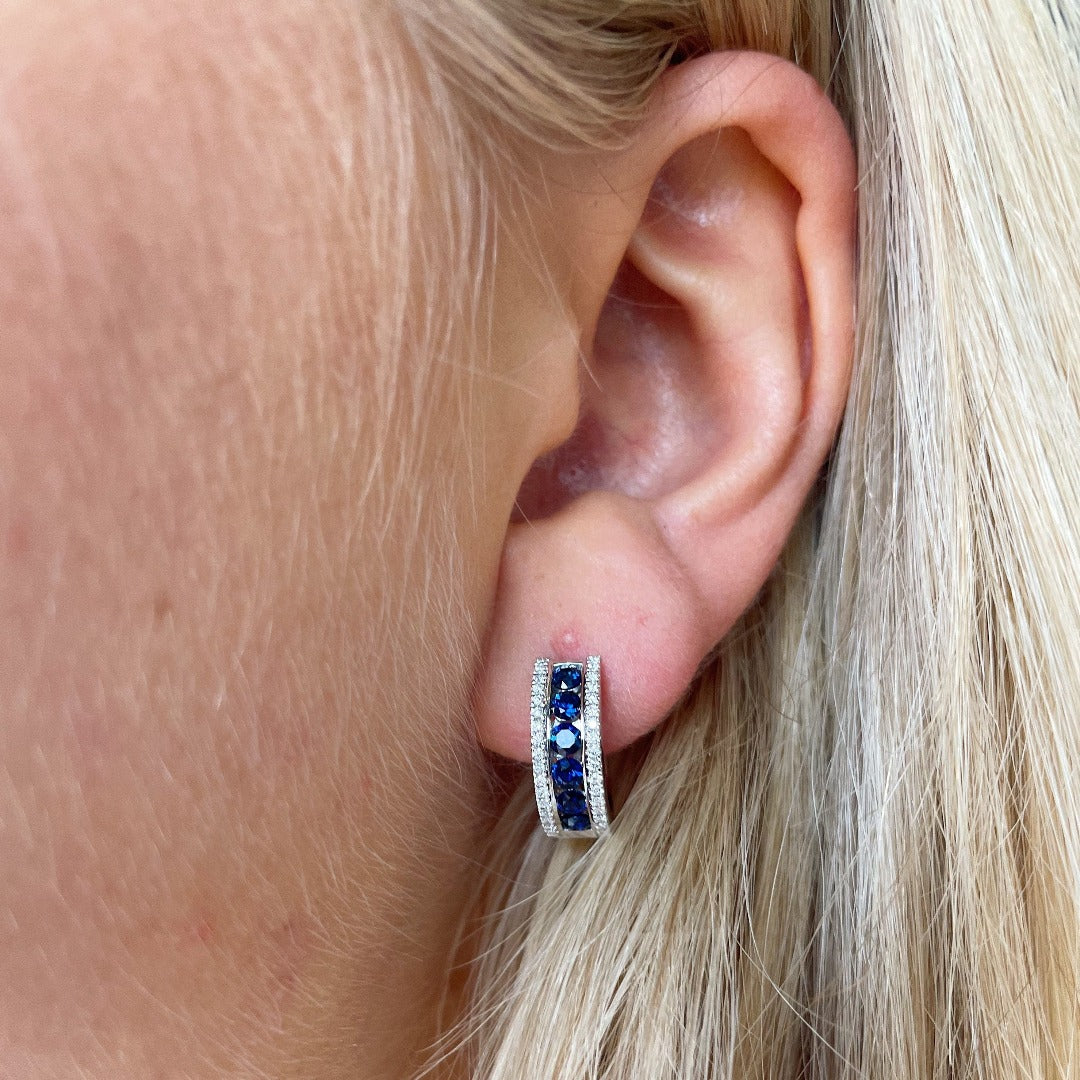 14K Gold Sapphire & Diamond Huggie Earrings for Women – Elegant Everyday Hoop Earrings for Work, Party & Special Occasions