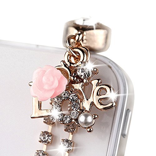 Pink Rose Crystal Love Charm Phone Dust Plug - Compatible with iPhone, iPad, Samsung, Huawei, Android (3.5mm Jack) - Perfect for Protecting Your Device from Dust & Adding Stylish Decor to Your Phone