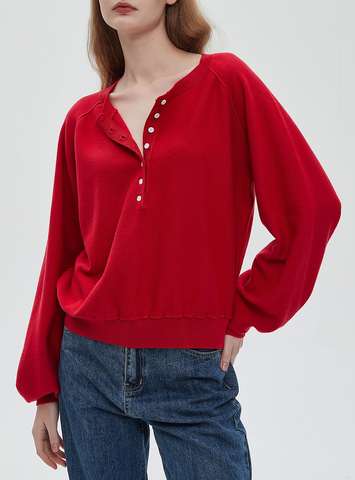Ladyful Women's Long Sleeve Henley Sweatshirt - Button Up V Neck Pullover Sweater - Loose Cropped Casual Tops for Fall & Winter | Perfect for Work, Date Night & Weekend Outfits
