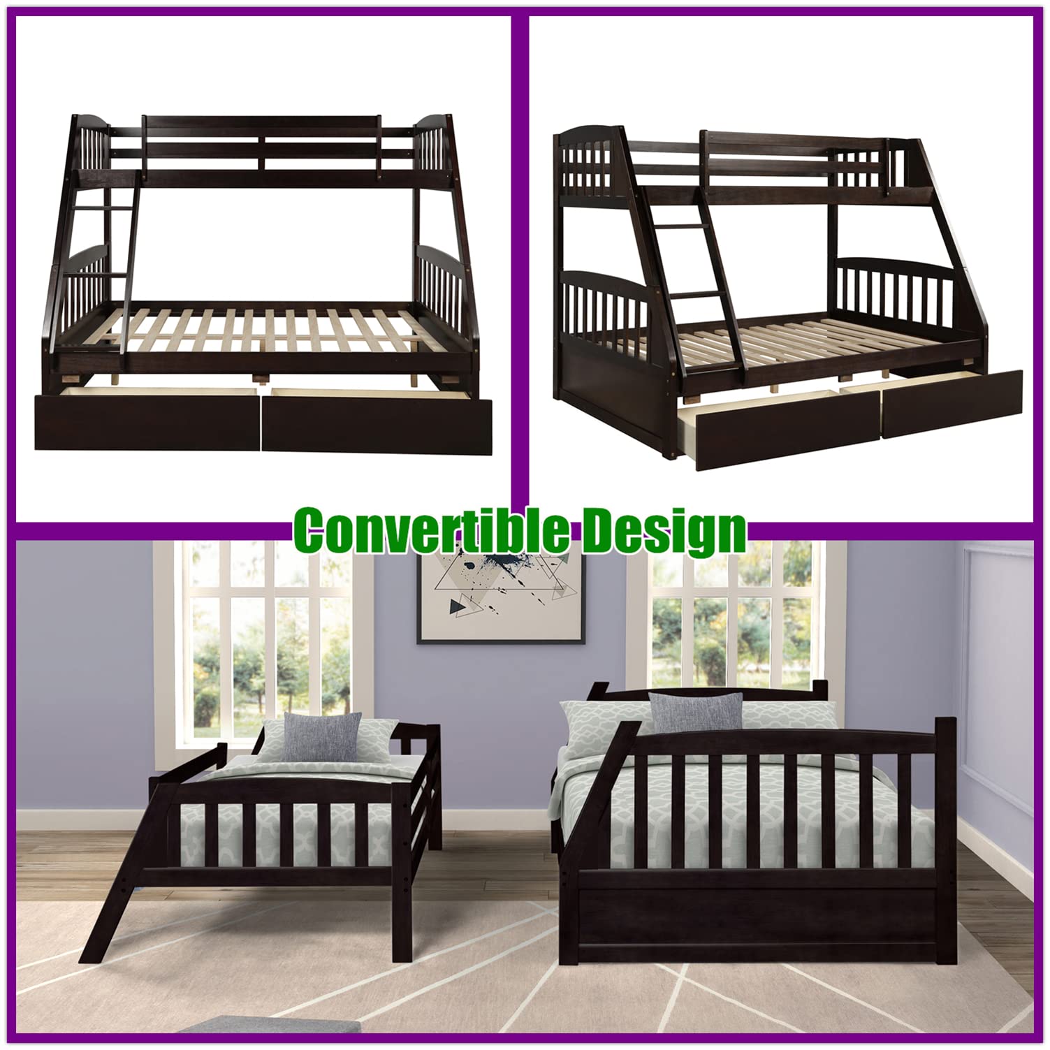 Premium Solid Wood Twin Over Full Bunk Bed with Storage Drawers - Convertible Design, Reinforced Guardrails & Ladder - Sturdy Espresso Bunk Bed for Kids, Teens & Guest Rooms - Space-Saving Solution for Small Bedrooms & Vacation Homes