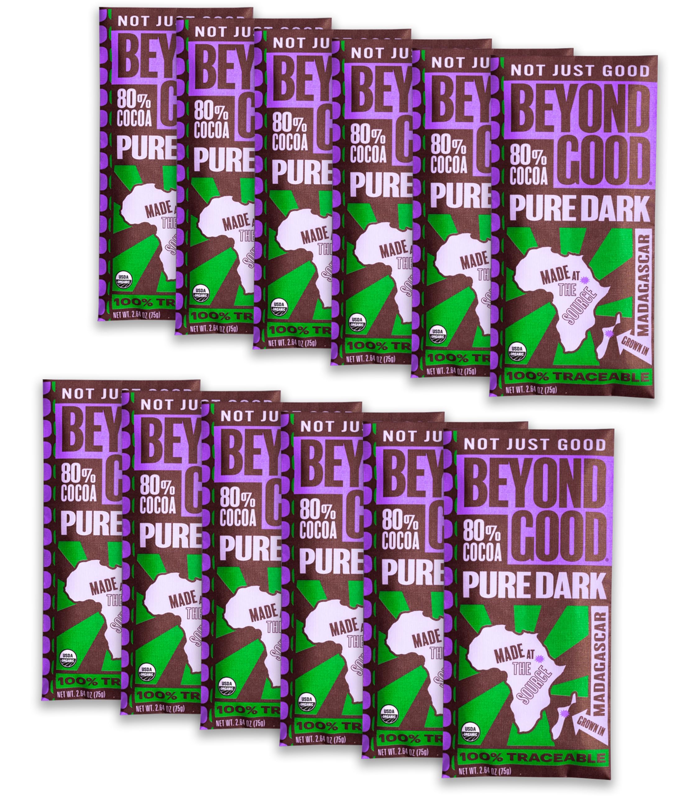 Beyond Good Organic Dark Chocolate Bars 12 Pack | Single Origin Uganda 80% Dark Chocolate | Vegan, Kosher, Non-GMO, Direct Trade | Perfect for Gifts, Baking & Healthy Snacking
