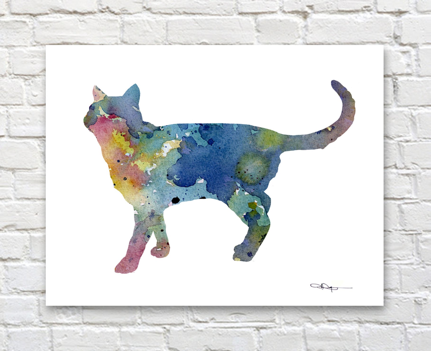 Blue Cat Abstract Watercolor Art Print - Handmade Wall Decor by Artist DJ Rogers - Perfect for Living Room, Bedroom & Office Decor