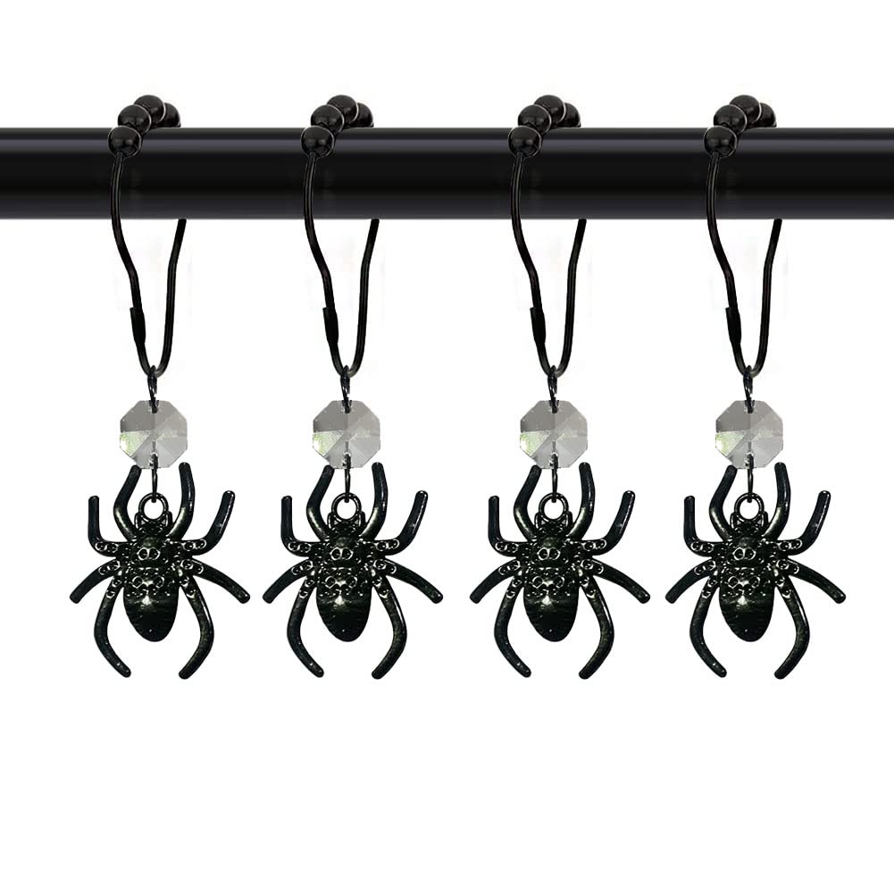 Rust-Proof Black Stainless Steel Spider Shower Curtain Hooks Set of 12 with Crystal Beads - Halloween Bathroom Decor Accessories for Spooky Theme Bathroom & Halloween Party Decorations