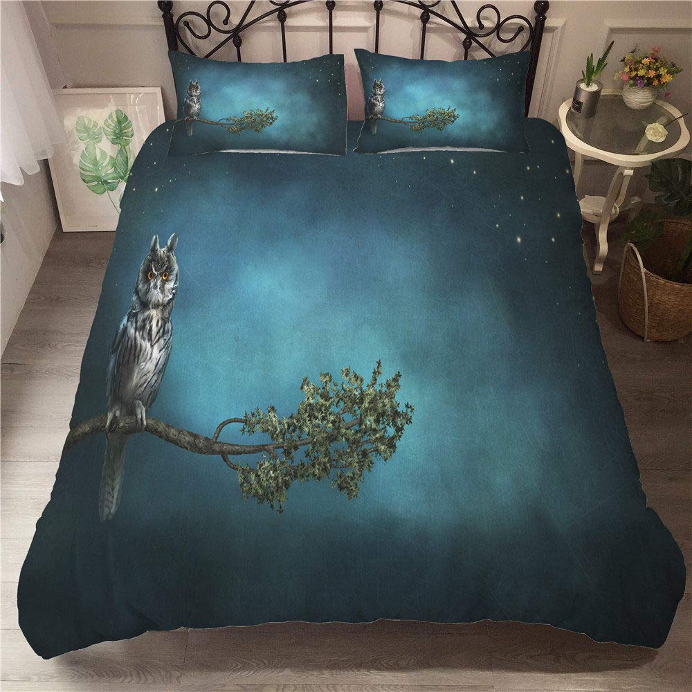 3D Owl on Green Branch Printed Queen/Double Size Comforter Set - Soft Polyester Animal Print Bedding for Bedroom, Twin 173x218cm - Perfect for Kids Room, Guest Room & Cozy Home Decor