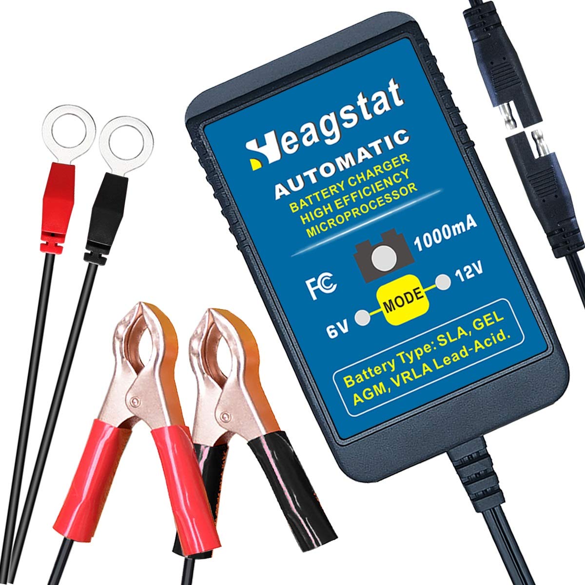 Heagstat 6V/12V 1-Amp Smart Battery Charger & Maintainer - Fully Automatic Trickle Charger for Car, Motorcycle, Lawn Mower, Boat, ATV - Compatible with SLA, AGM, Gel Cell & Lead Acid Batteries - Perfect for Winter Storage & Long-Term Battery Maintenance