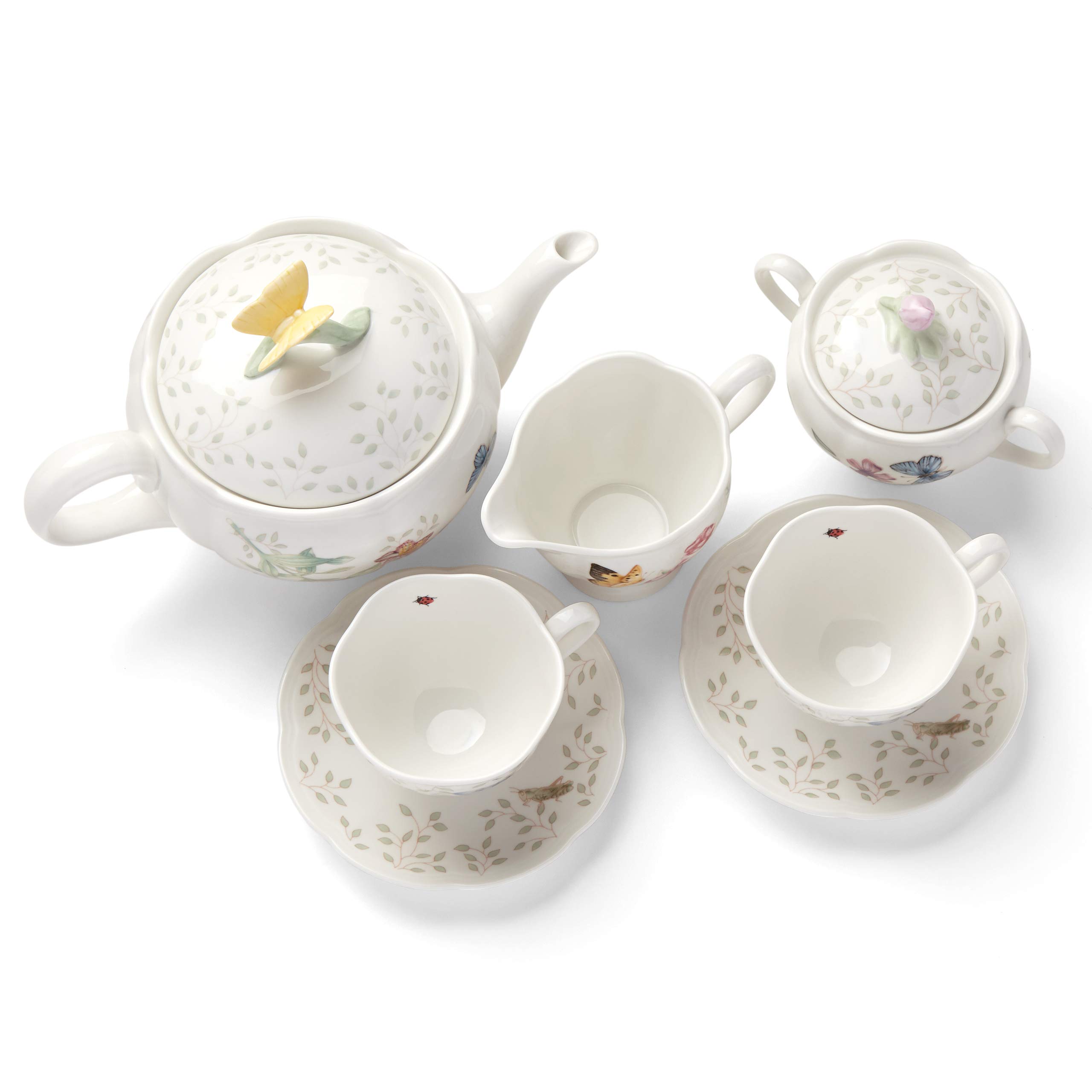 Lenox Butterfly Meadow 8-Piece Tea Set for 2, Porcelain White Floral Tea Cups & Saucers - Perfect for Afternoon Tea, Bridal Shower & Mother's Day Gifts