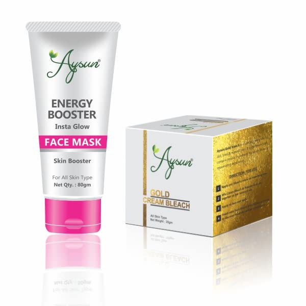 Aysun Energy Booster Face Mask & Gold Cream Bleach Combo Pack - Skin Brightening & Revitalizing Treatment (25g x 2) | For Glowing Skin & Dark Spot Reduction | Perfect for Nighttime Skincare Routine & Special Occasion Prep