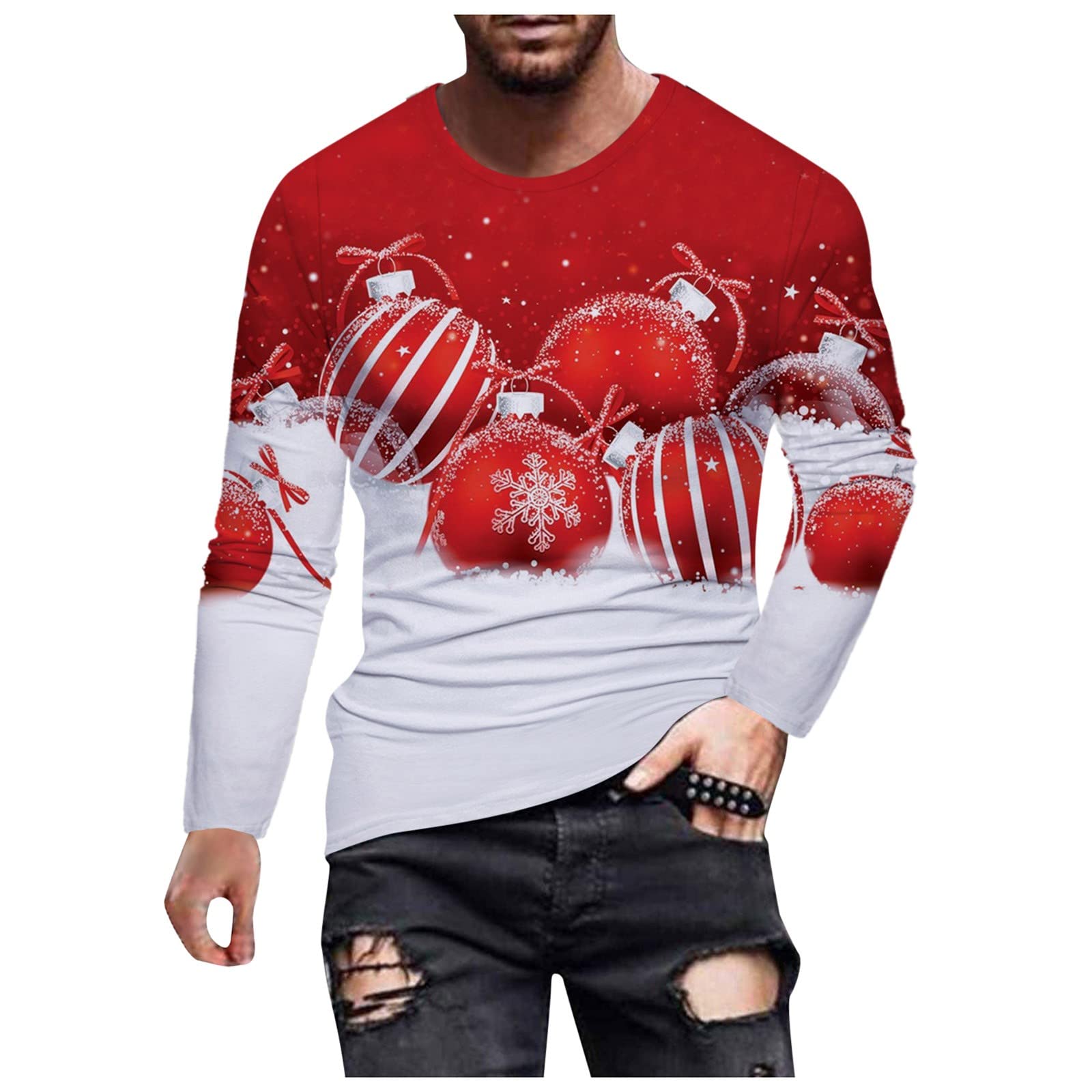 XXBR Men's Christmas T-Shirts - Funny 3D Xmas Print Long Sleeve Crewneck Tee - Holiday Party Costume & Casual Top for Soldiers - Perfect for Christmas Parties, Family Gatherings & Festive Outfits
