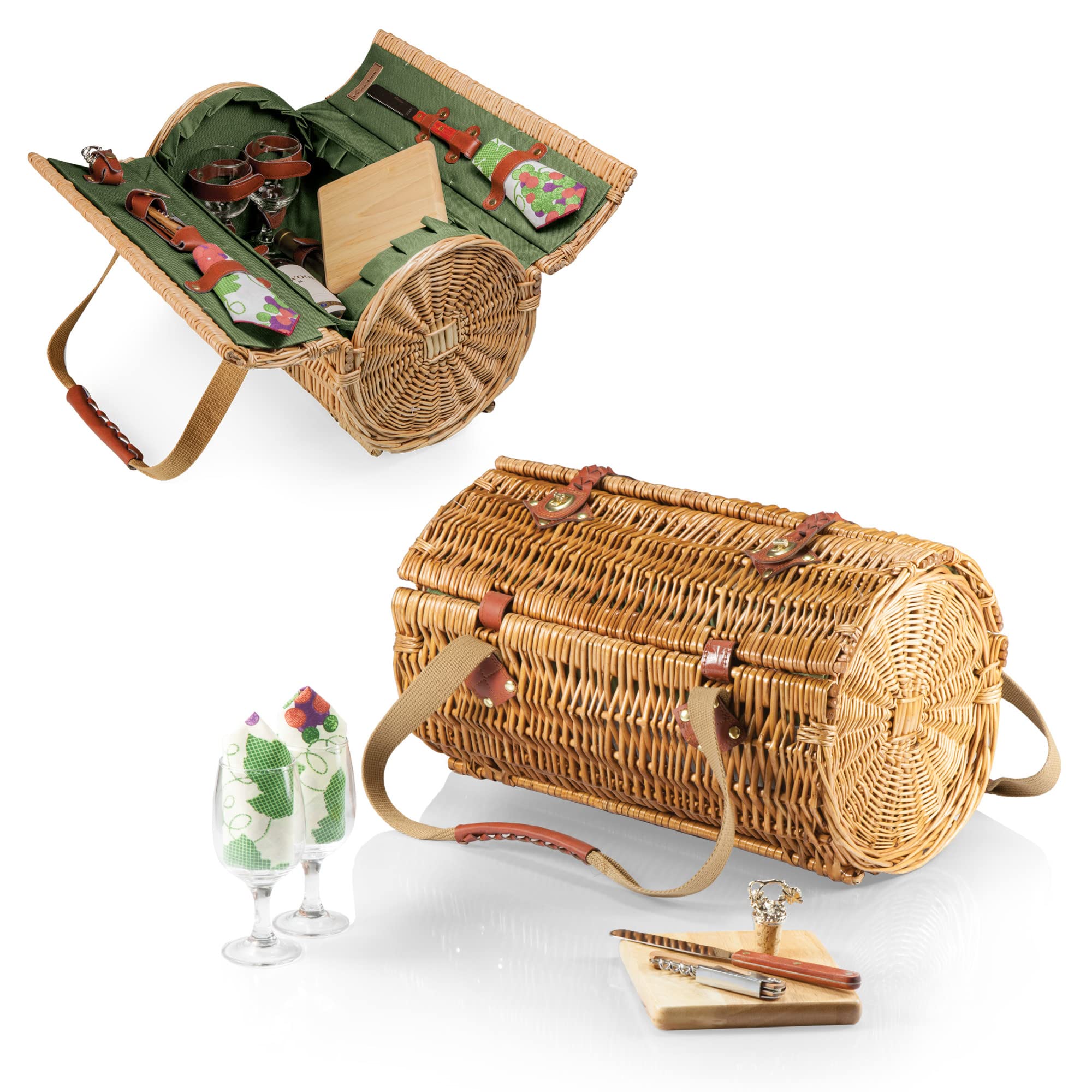 PICNIC TIME Verona Wine & Cheese Picnic Basket - Wicker Wine Tote with Picnic Set - Pine Green 18