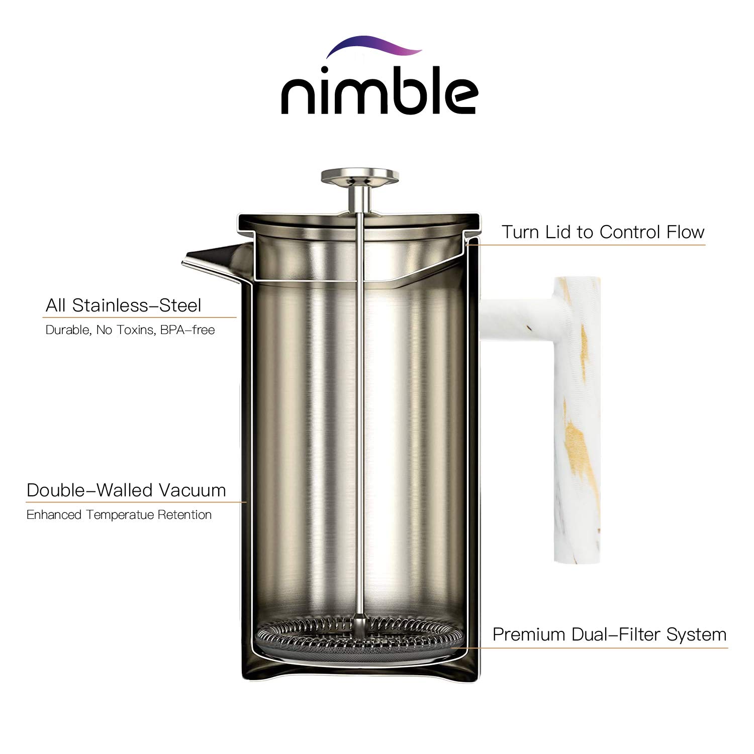 Premium Stainless Steel French Press Coffee Maker - 34 oz Double-Wall Insulated, Marble Finish for Hot & Cold Brew - Perfect for Home, Office, Camping & Gifts