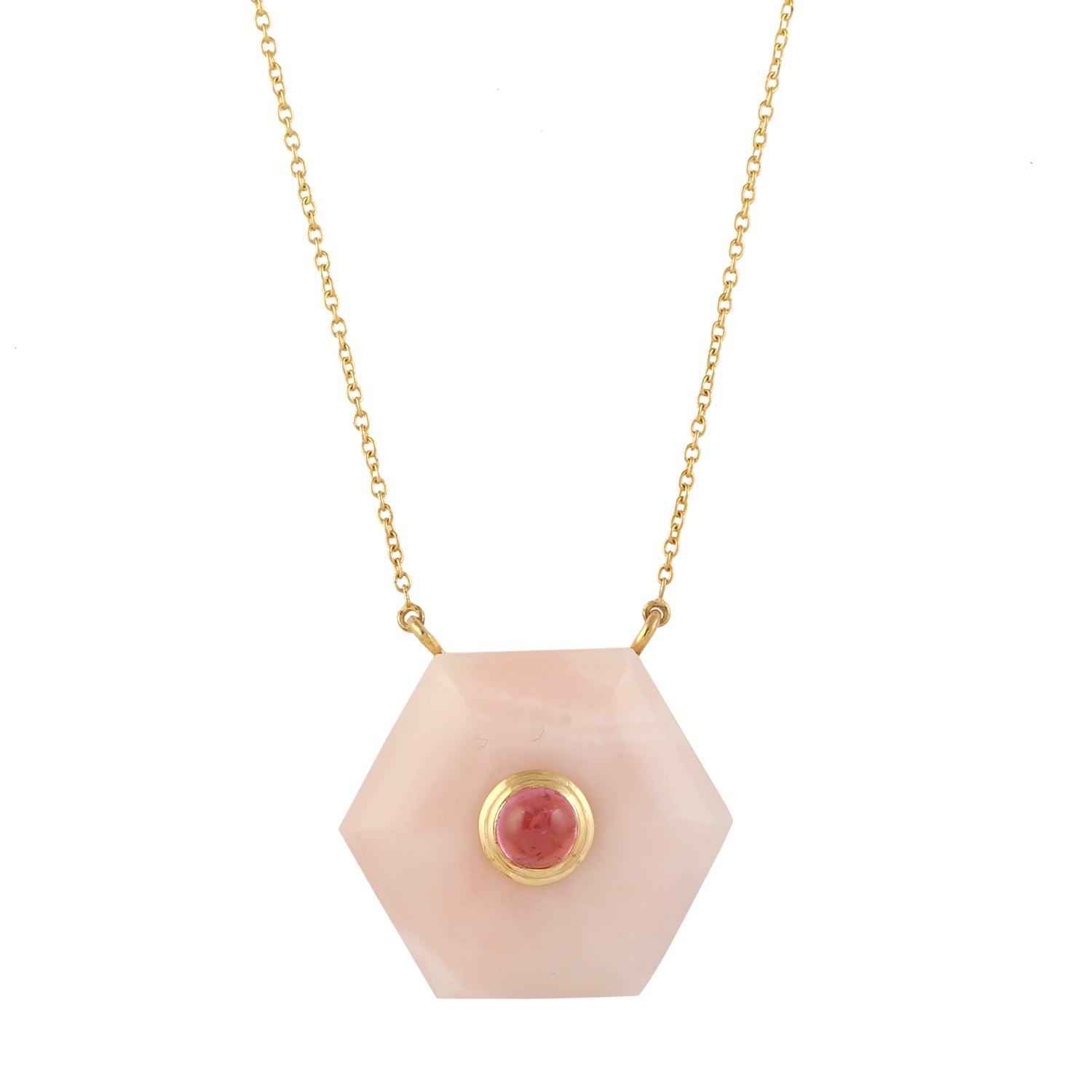 Hexagon Opal Pink Tourmaline Gemstone Necklace in 18k Yellow Gold - Elegant Designer Jewelry for Women, Perfect for Weddings, Anniversaries & Special Occasions