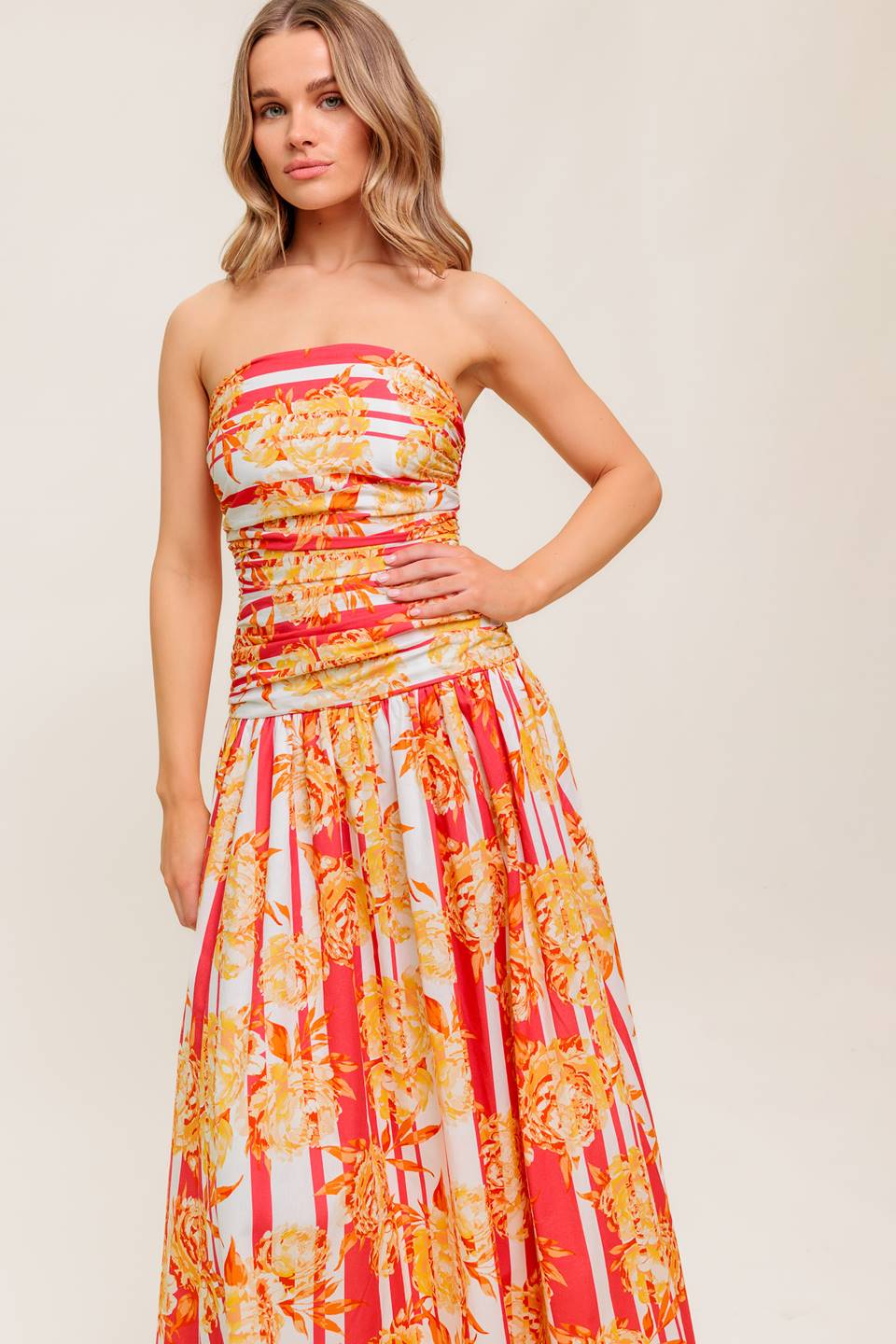 PEONY STORM Shirred Strapless Midi Dress - Elegant Summer Party, Wedding Guest & Cocktail Dress for Women