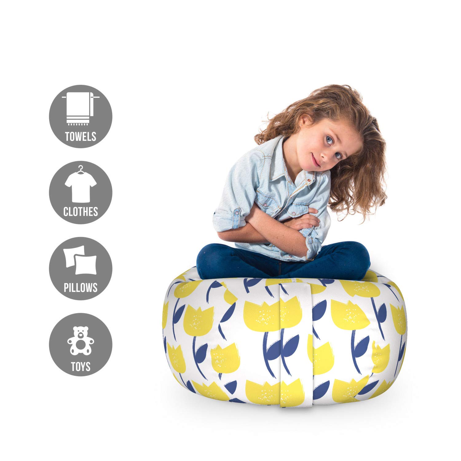 Ambesonne Tulip Storage Toy Bag Chair - Washable Stuffed Animal Organizer with Floral Design, Small Size in Night Blue & Mustard - Perfect for Kids' Room, Nursery, and Playroom Organization