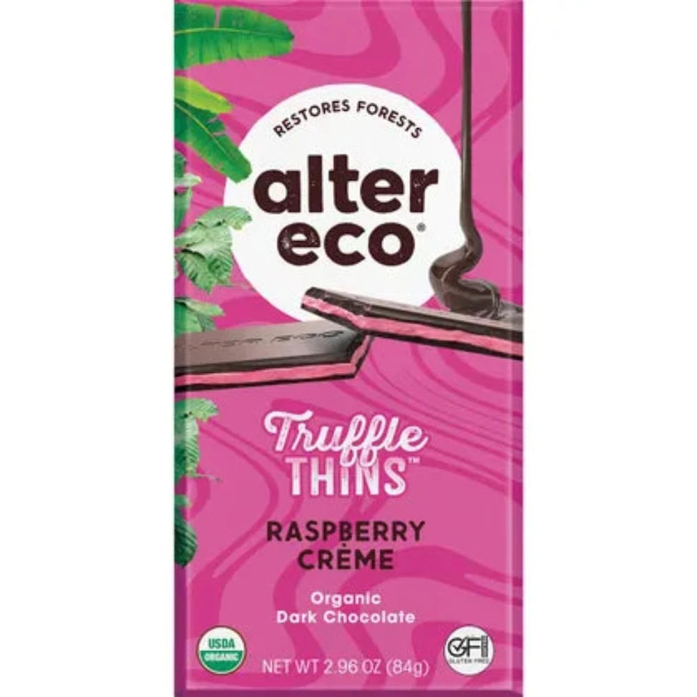 ALTER ECO Organic Dark Chocolate Raspberry Creme Truffle Thins 84g (3oz) - Vegan, Gluten-Free, Non-GMO - Perfect for Gifts, Desserts & Healthy Snacking