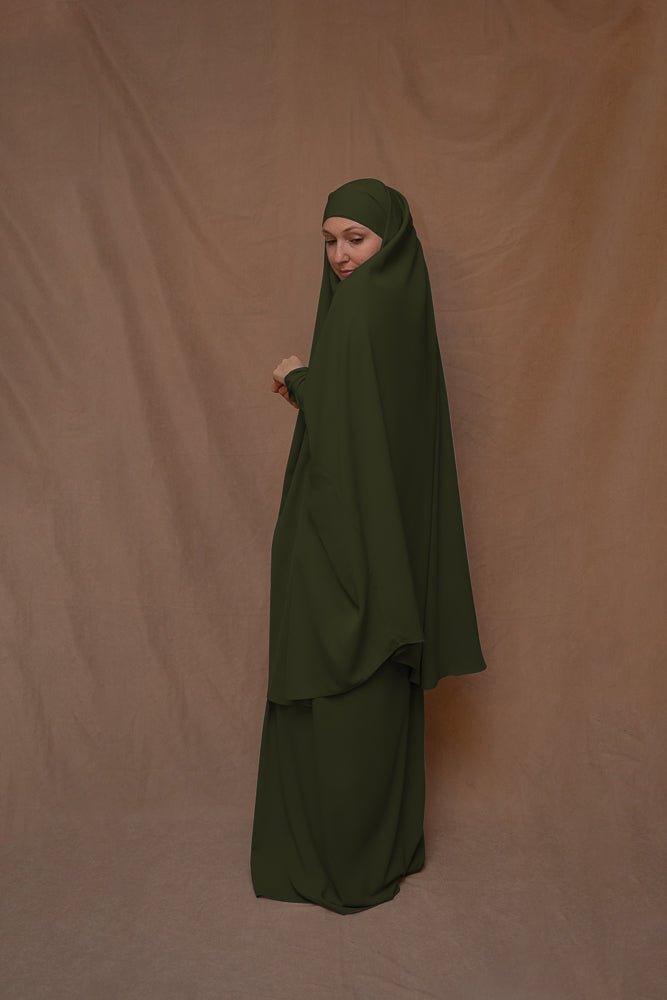Army Green Moira Prayer Umrah Gown with Niqab - Islamic Modest Dress for Women - Perfect for Hajj, Umrah, Prayer & Religious Ceremonies