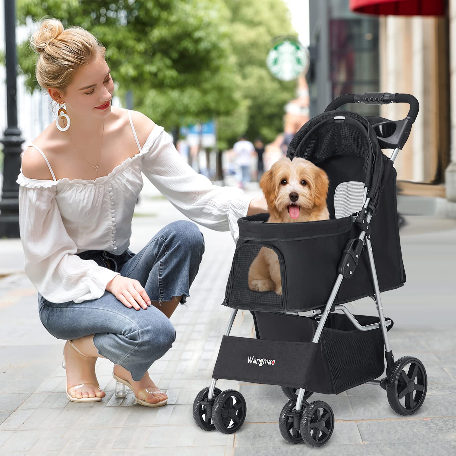 Premium Folding Pet Stroller for Small & Medium Dogs & Cats - 4-Wheel Jogger with Cup Holder & Storage Basket (Black) | Perfect for Outdoor Walks, Shopping Trips & Vet Visits